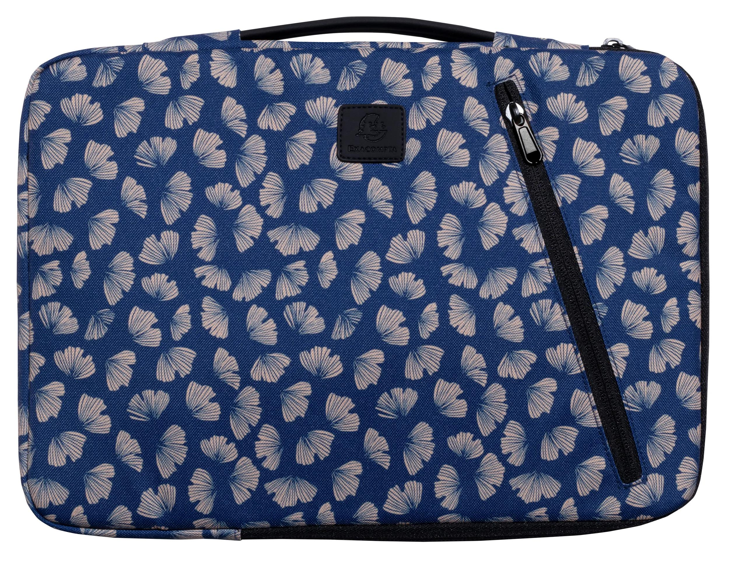 Custodia blu per laptop con motivo a foglie di ginkgo bianche, cerniera e manico neri. Logo EXACOMPTA.