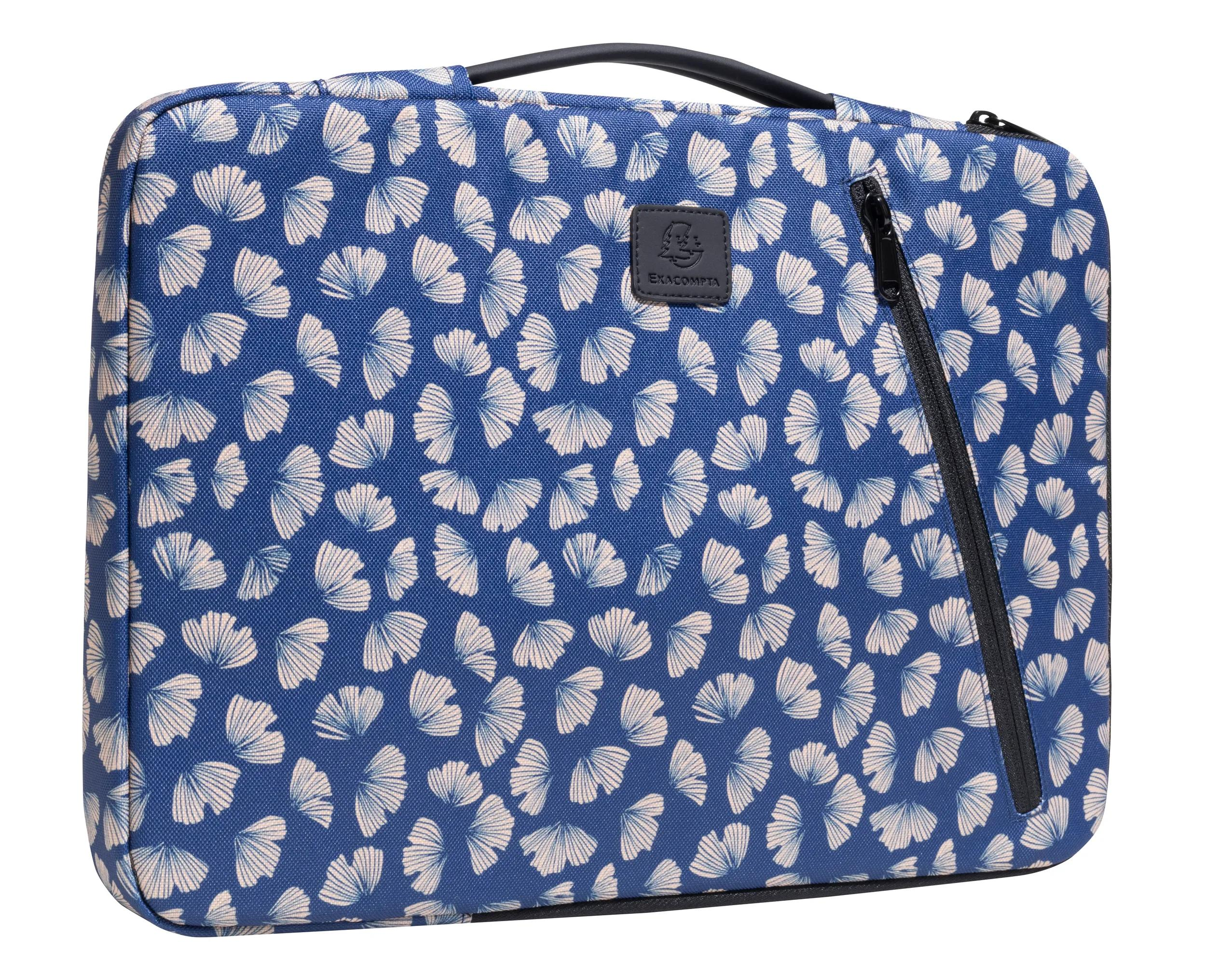 Custodia blu per laptop con motivo a foglie di ginkgo bianche, cerniera e manico neri. Il marchio Exacompta è visibile.