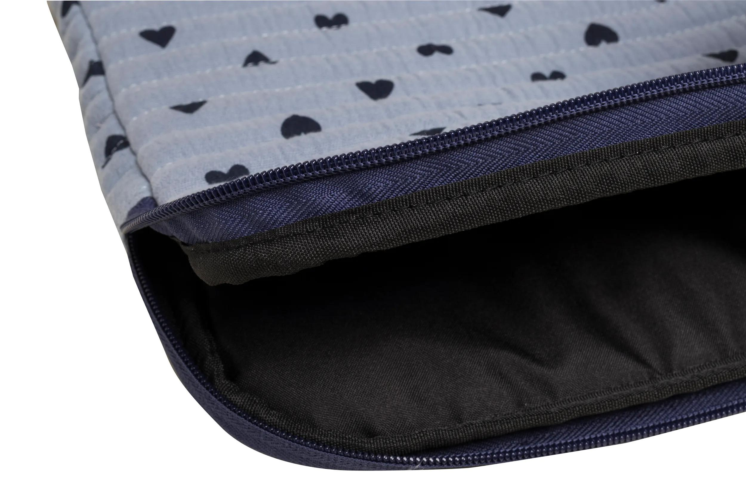 Estuche azul con corazones, abierto para revelar un interior negro. Una cremallera recorre el borde del estuche.