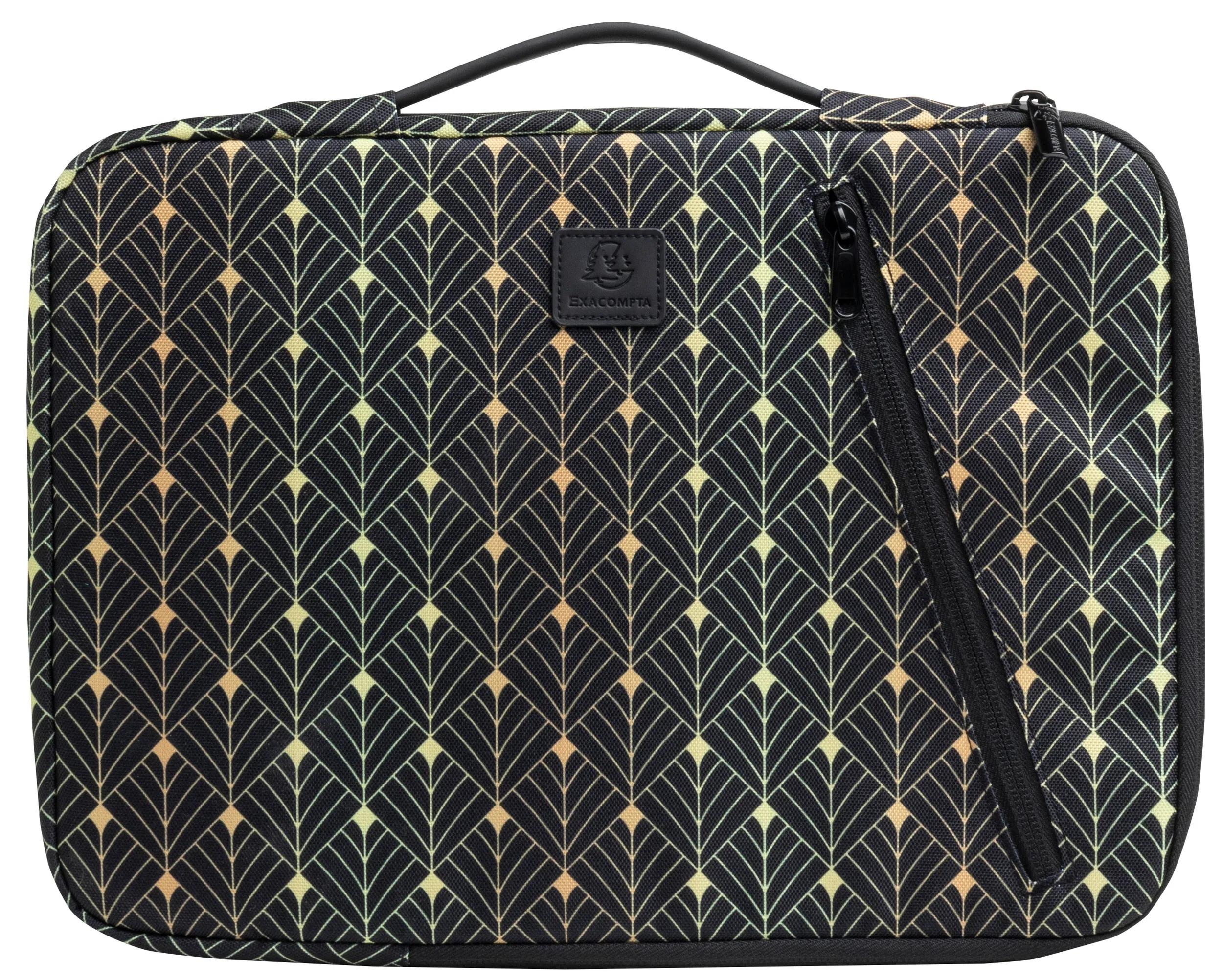 Una custodia per laptop fantasia. Ha una cerniera e una maniglia nere. Il motivo è art deco nero e oro.