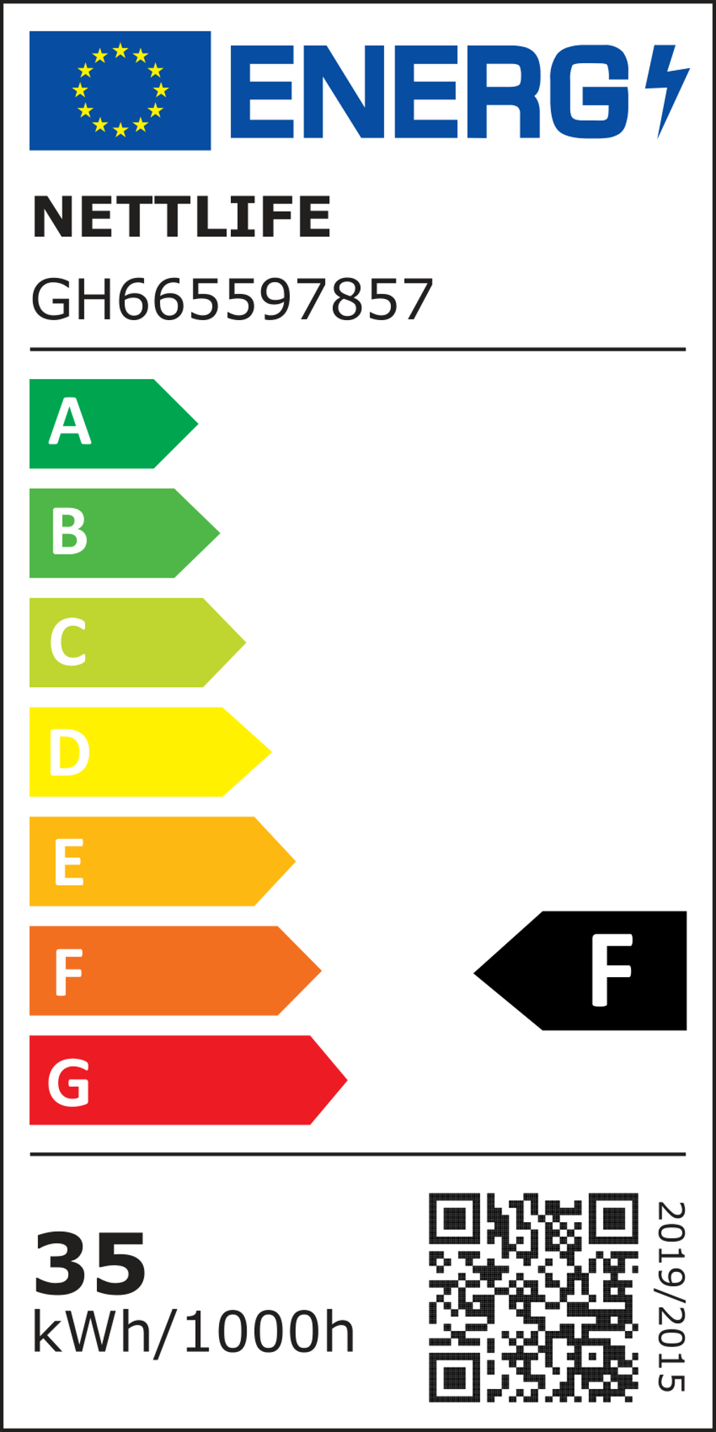 Etykieta energetyczna żarówki. Wyświetla oceny od A do G, z wyróżnioną oceną F. Zawiera 'NETTLIFE' i '35 kWh/1000h'.