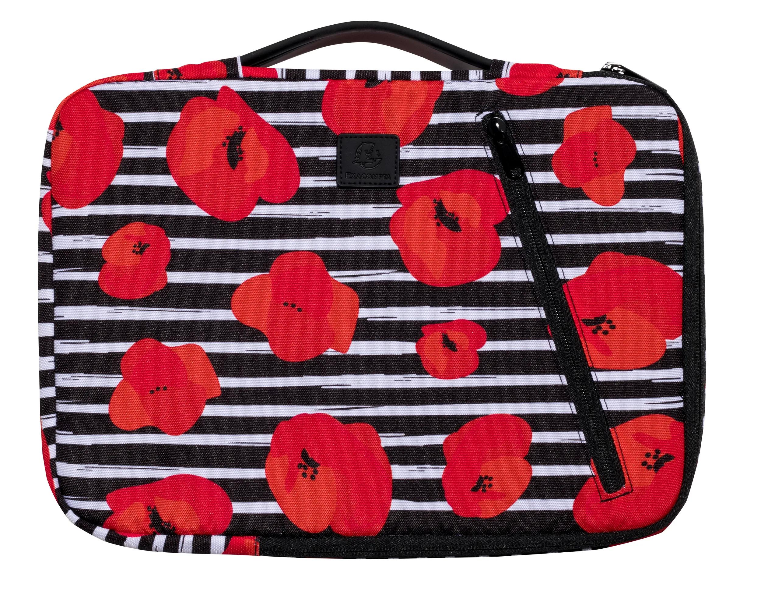 Borsa quadrata con manico nero, fiori rossi, strisce bianche e nere e cerniera nera.