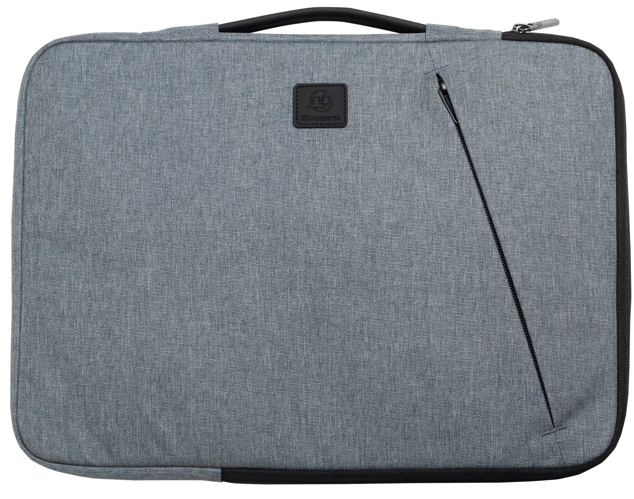 Custodia grigia per laptop con bordi neri. Presenta maniglia, cerniera e logo. Il materiale sembra strutturato.