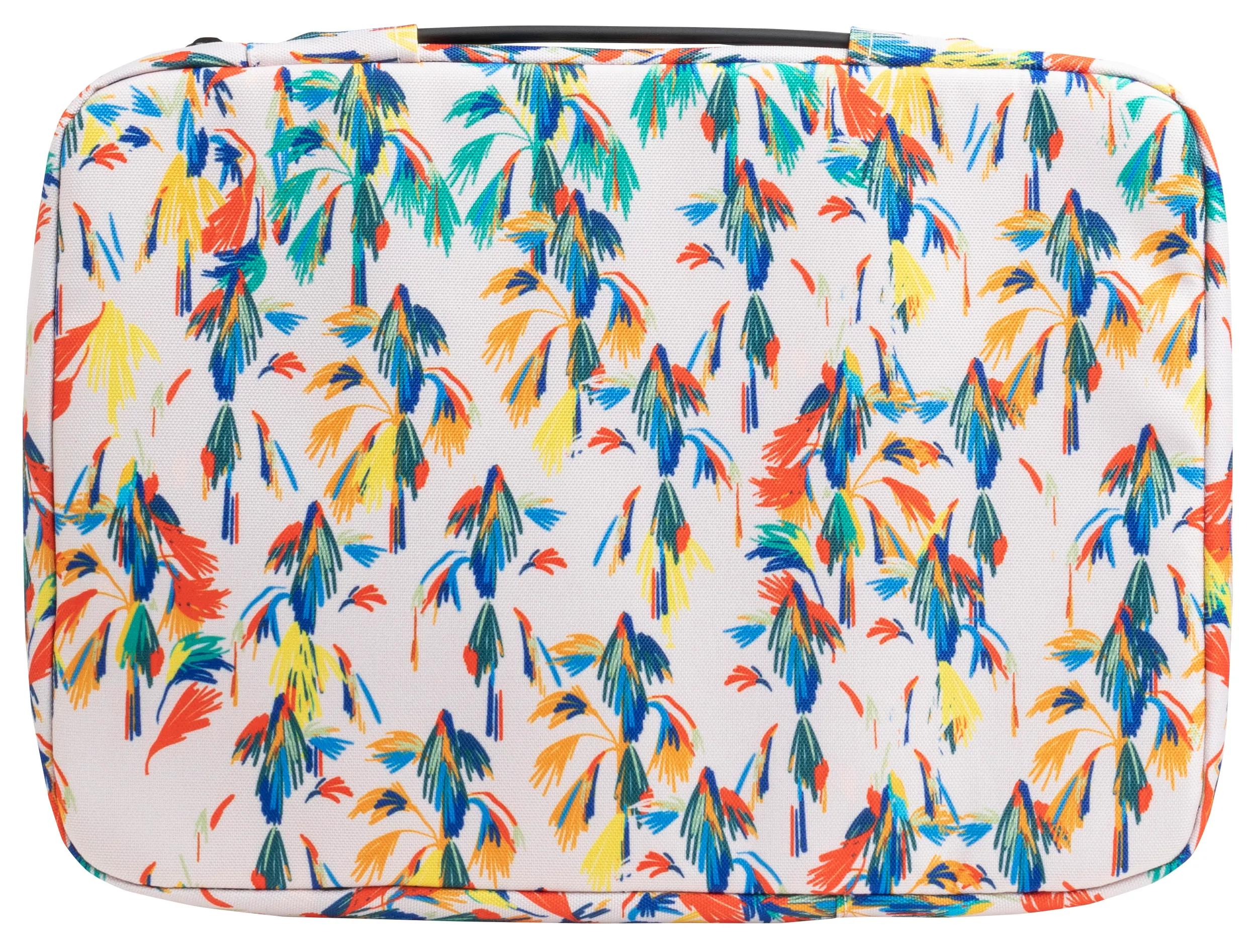 Una borsa bianca con un motivo di illustrazioni di palme colorate in blu, giallo, arancione e verde.