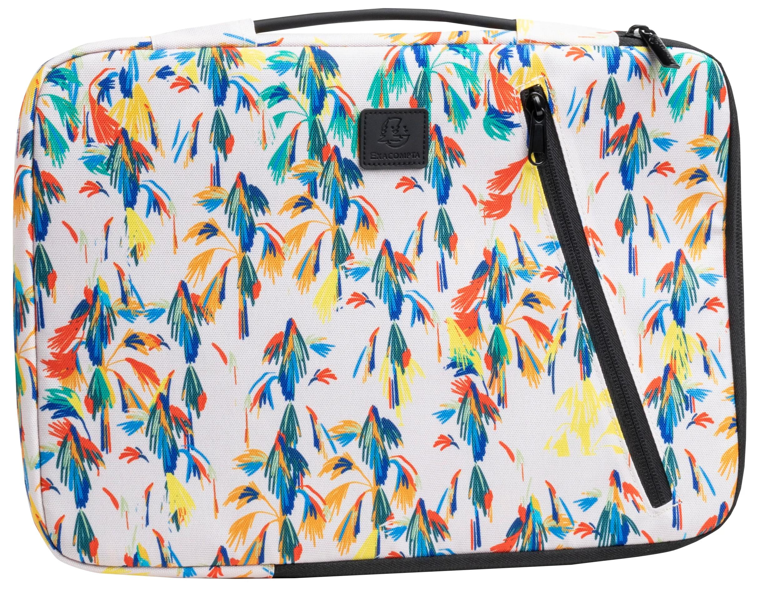 Custodia per laptop con sfondo bianco e motivo floreale astratto colorato. Cerniera, manico e finiture neri.