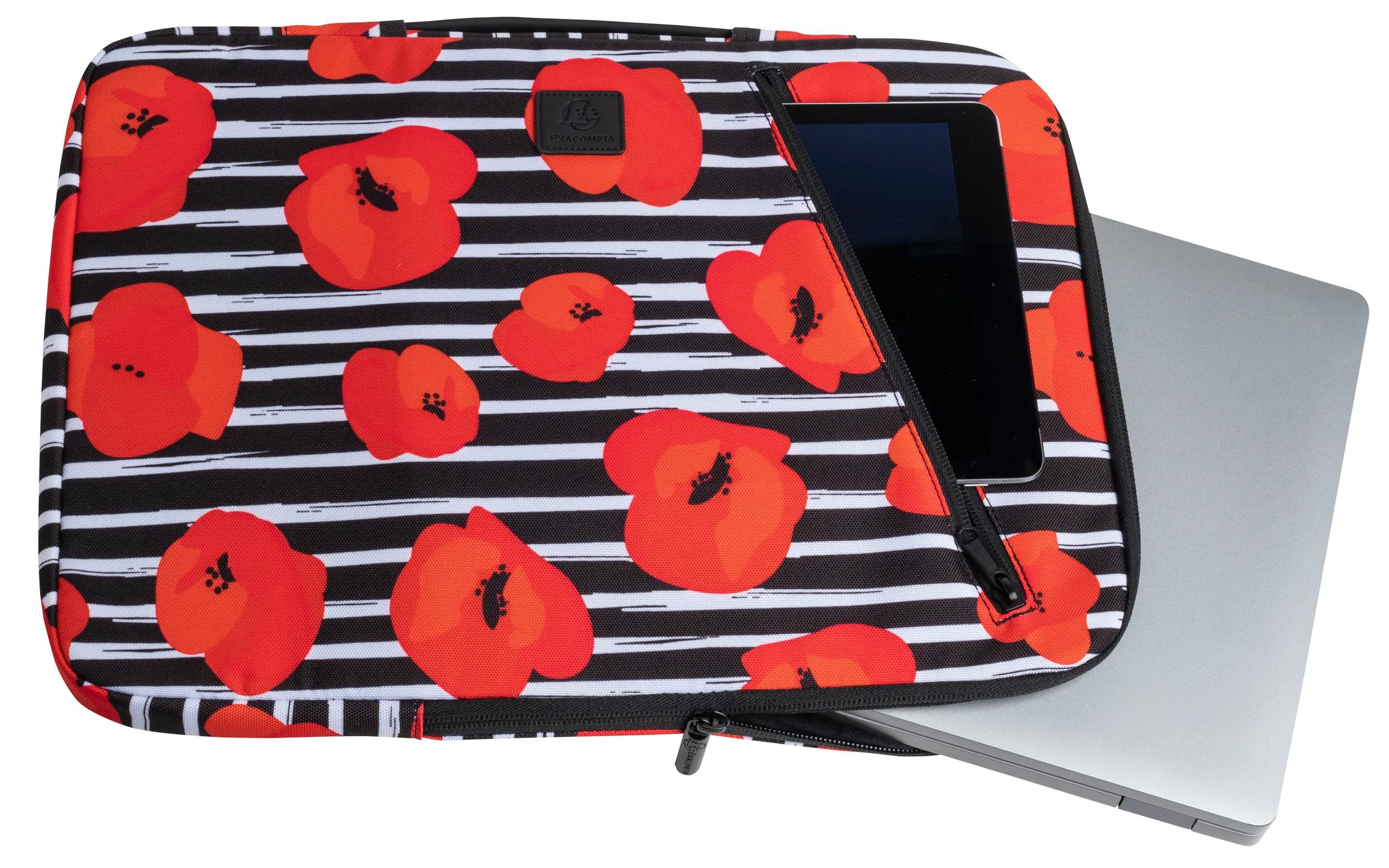 Una custodia per laptop con stampa di papaveri. All'interno, sono visibili un tablet e un laptop. Strisce bianche e nere formano lo sfondo.