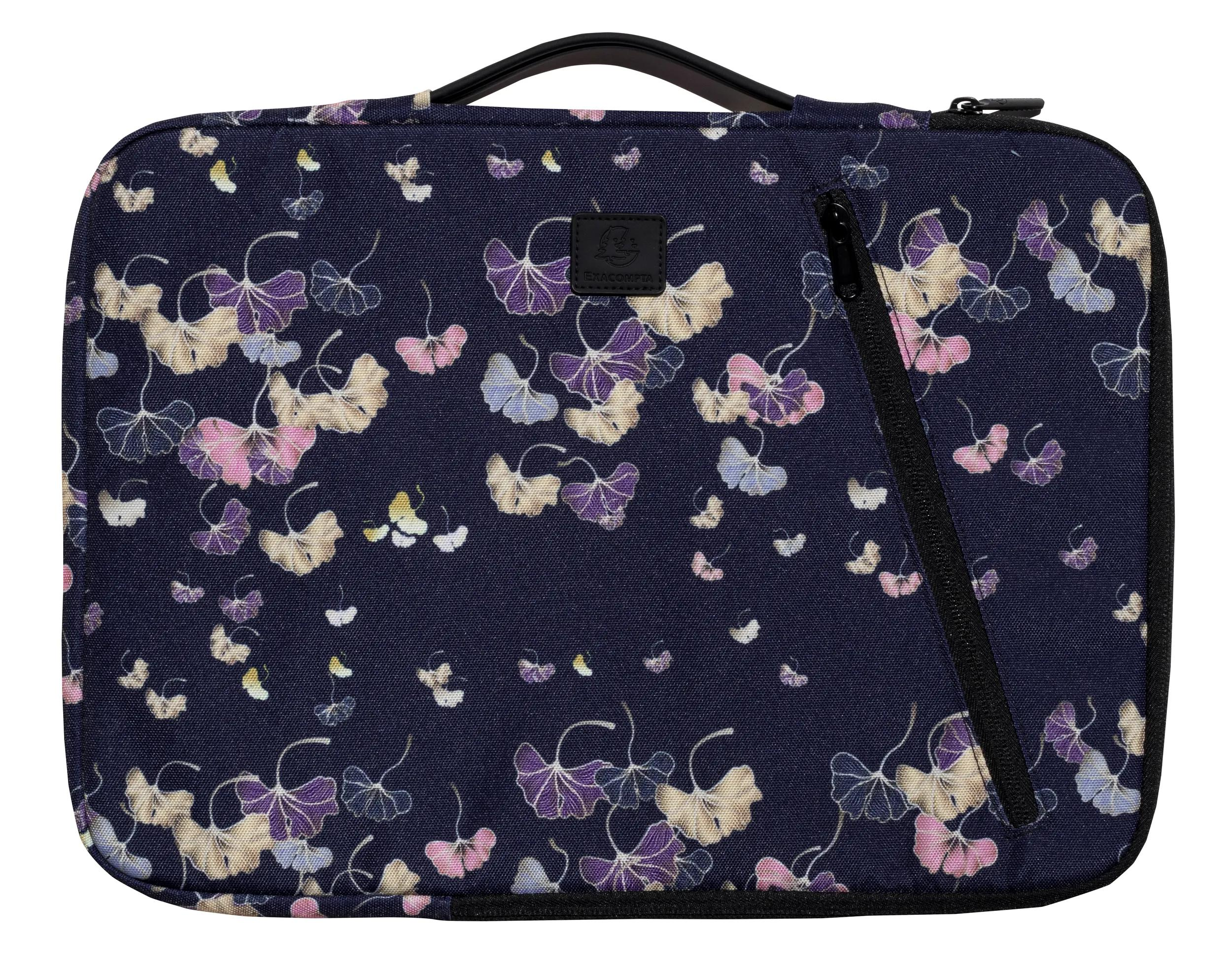 Una borsa blu navy con un motivo floreale di foglie viola, rosa e beige, manico e cerniera neri.