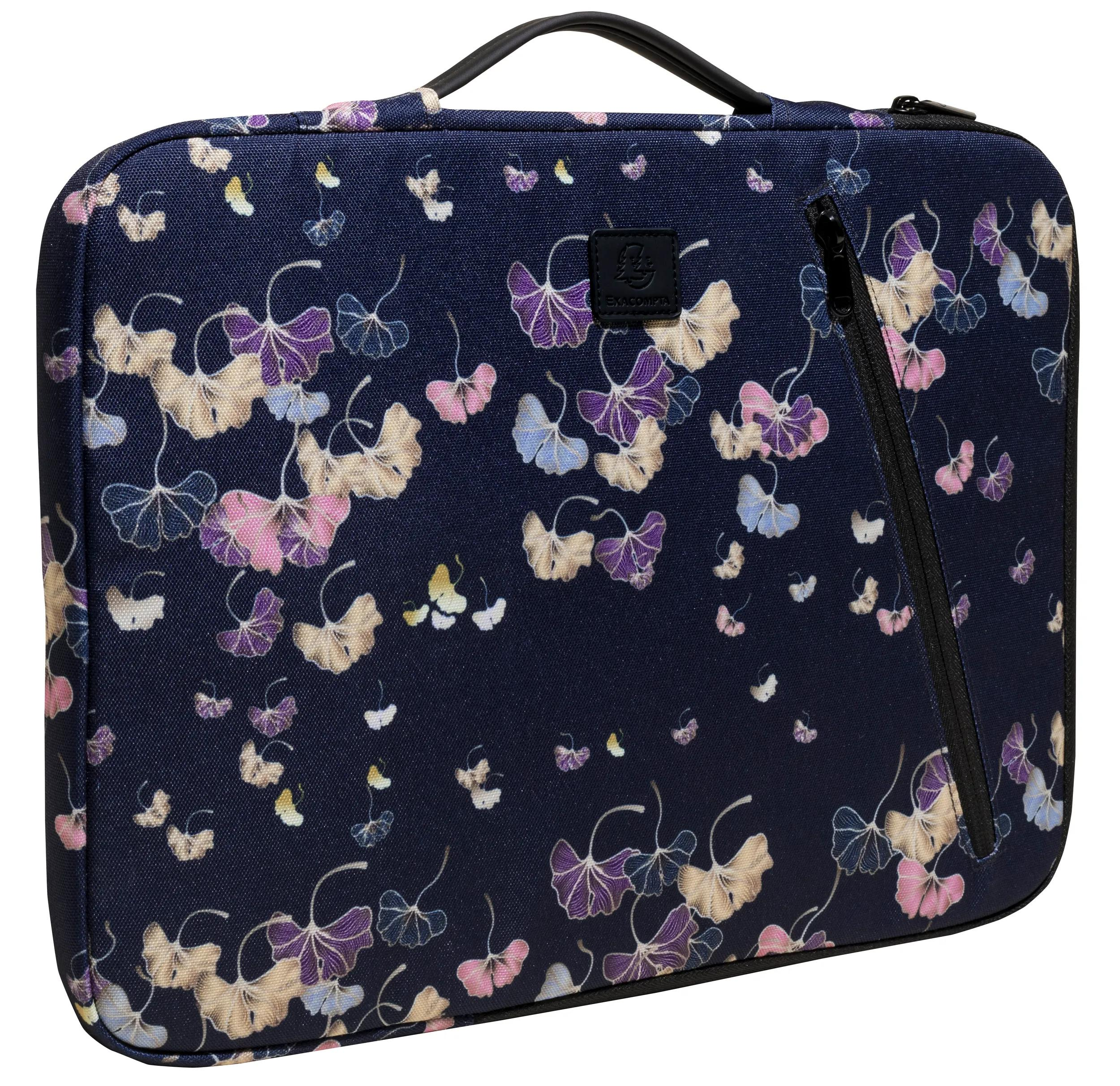 Borsa per laptop blu scuro con motivo floreale. Con cerniera, manico e logo neri.