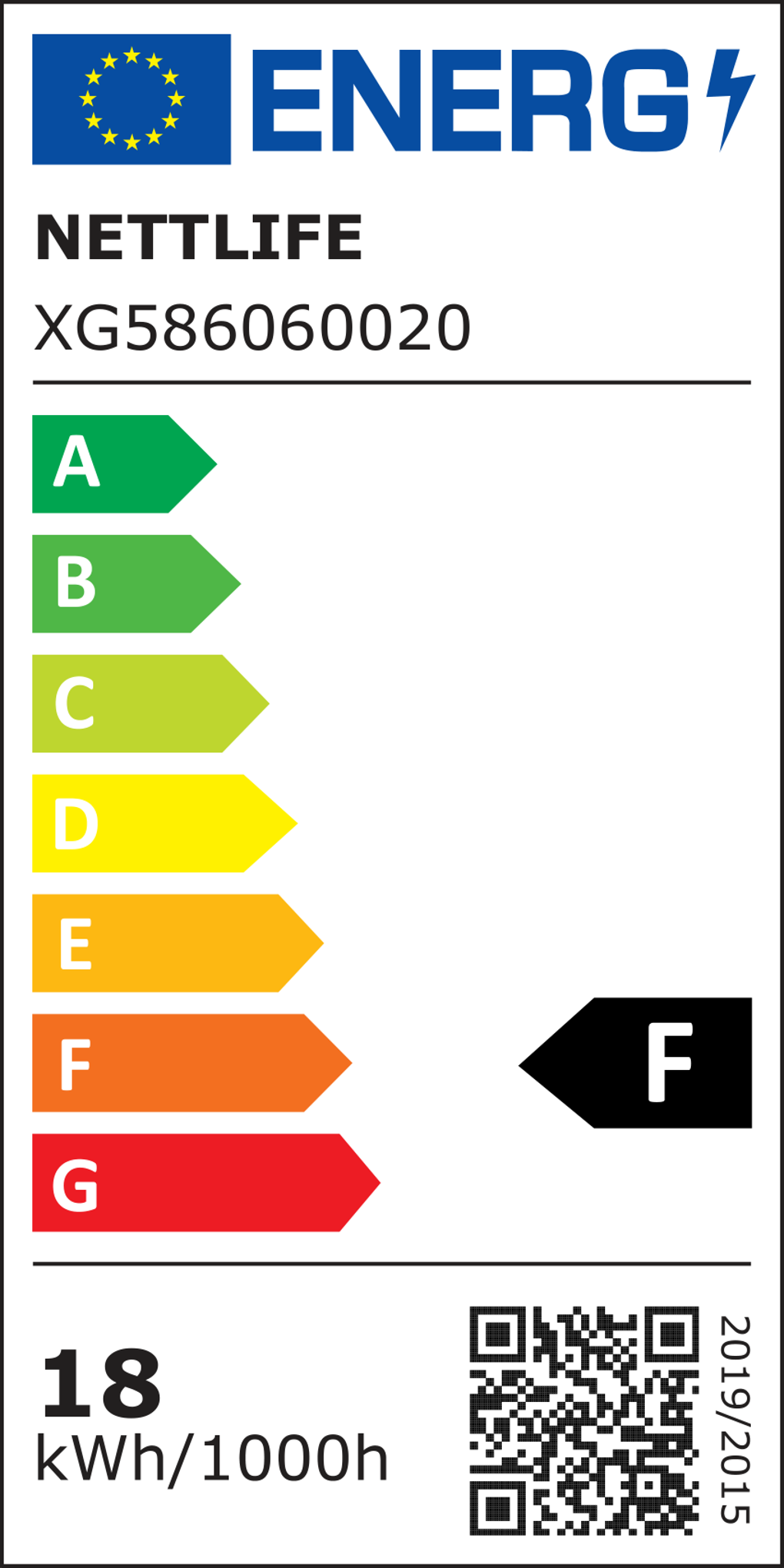 Etichetta energetica con logo UE, testo NETTLIFE, scala di efficienza energetica da A a G, con F evidenziato e 18 kWh/1000h.