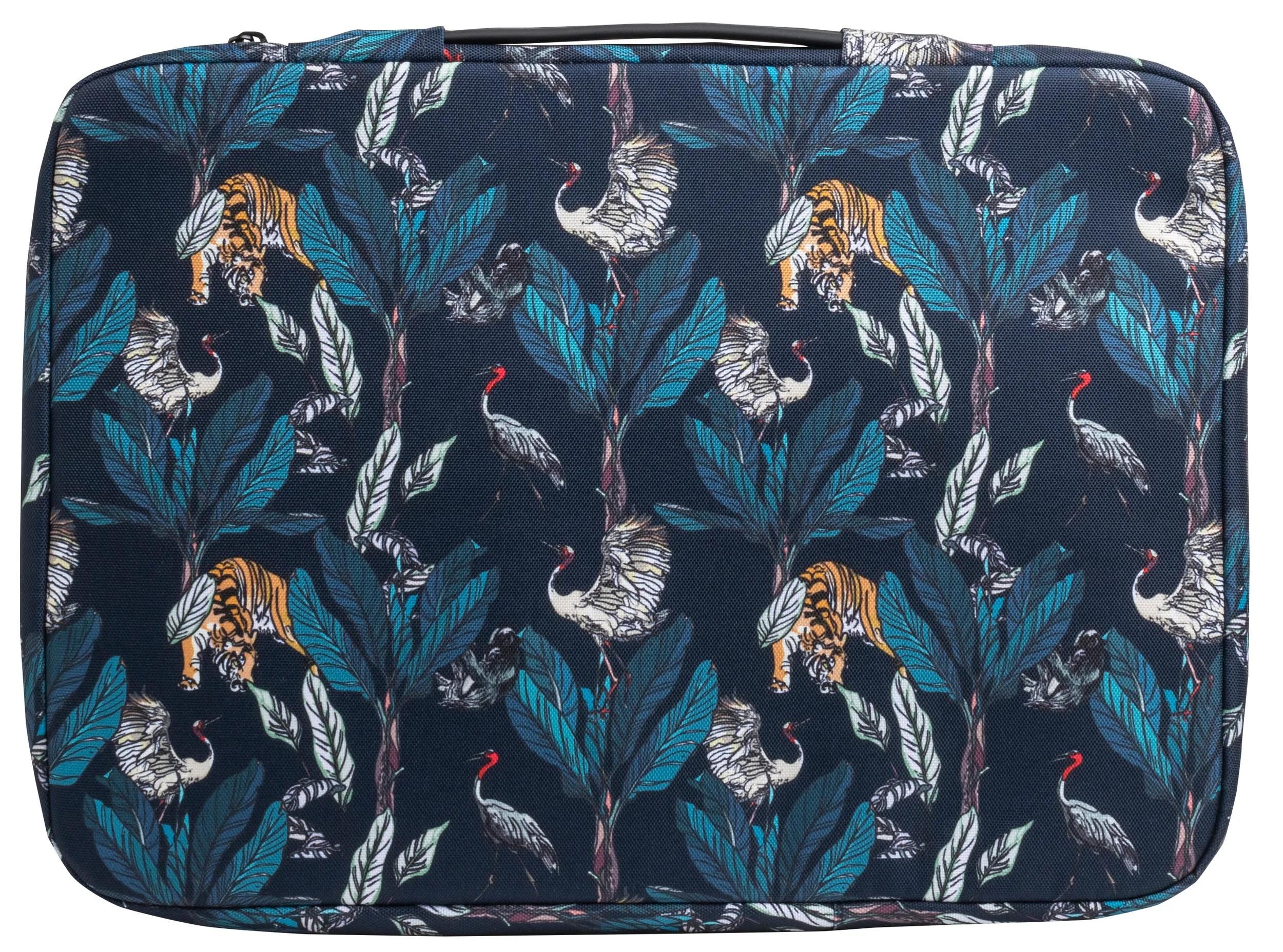 Sac de voyage bleu foncé avec imprimé tigre et grue. Feuilles de palmier et arbres également présents.