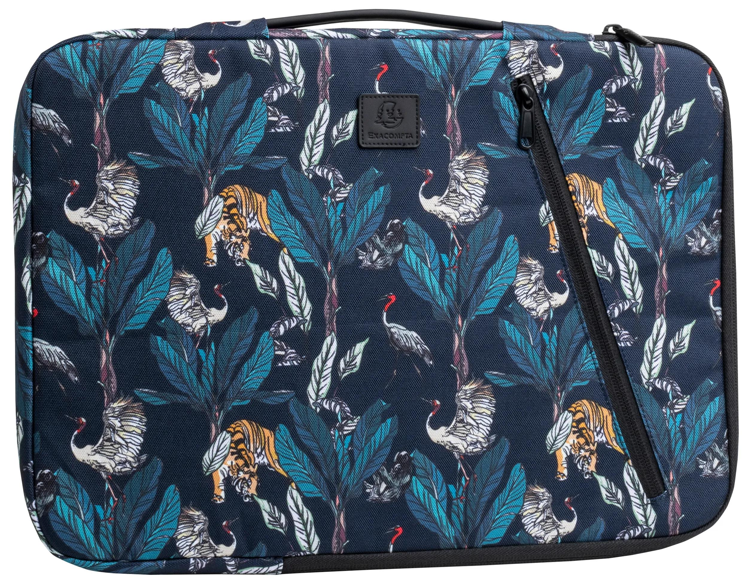 Sacoche pour ordinateur portable avec imprimé jungle bleu foncé avec tigres, grues et feuillage tropical.