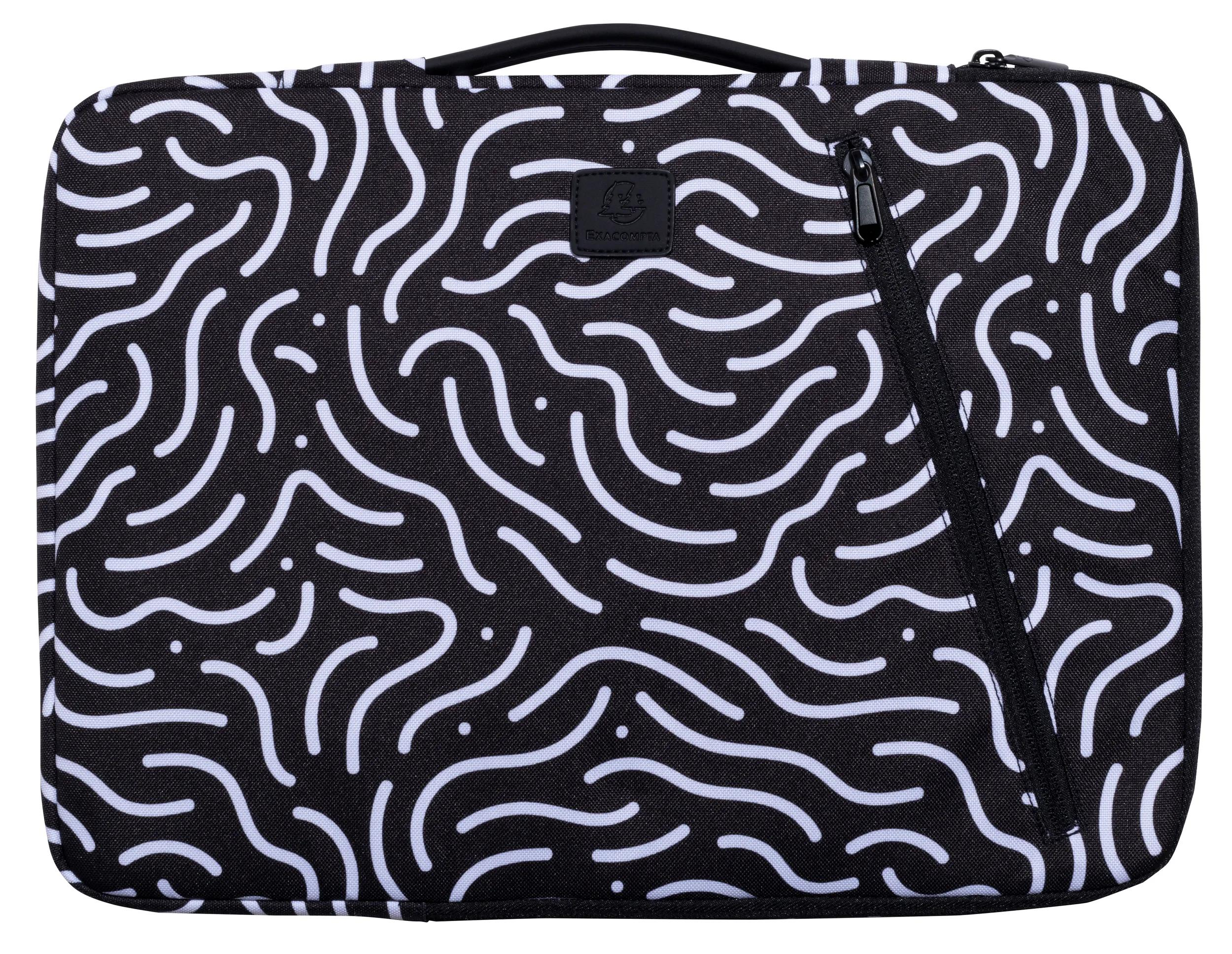 Una borsa nera per laptop con un motivo a linee ondulate bianche. Ha una maniglia nera e una cerniera.