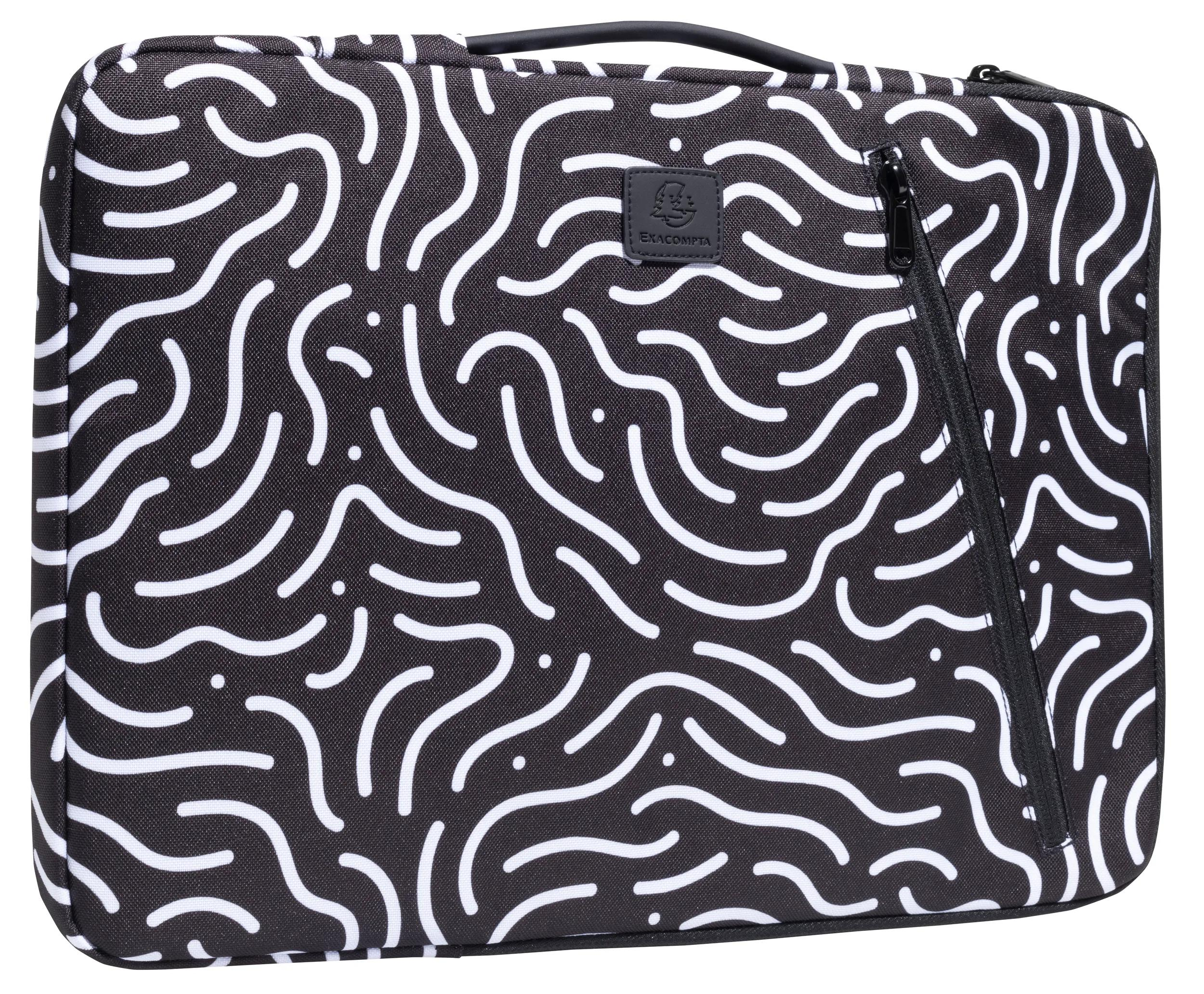 Una borsa nera per laptop con linee ondulate bianche. Ha una cerniera e una maniglia.