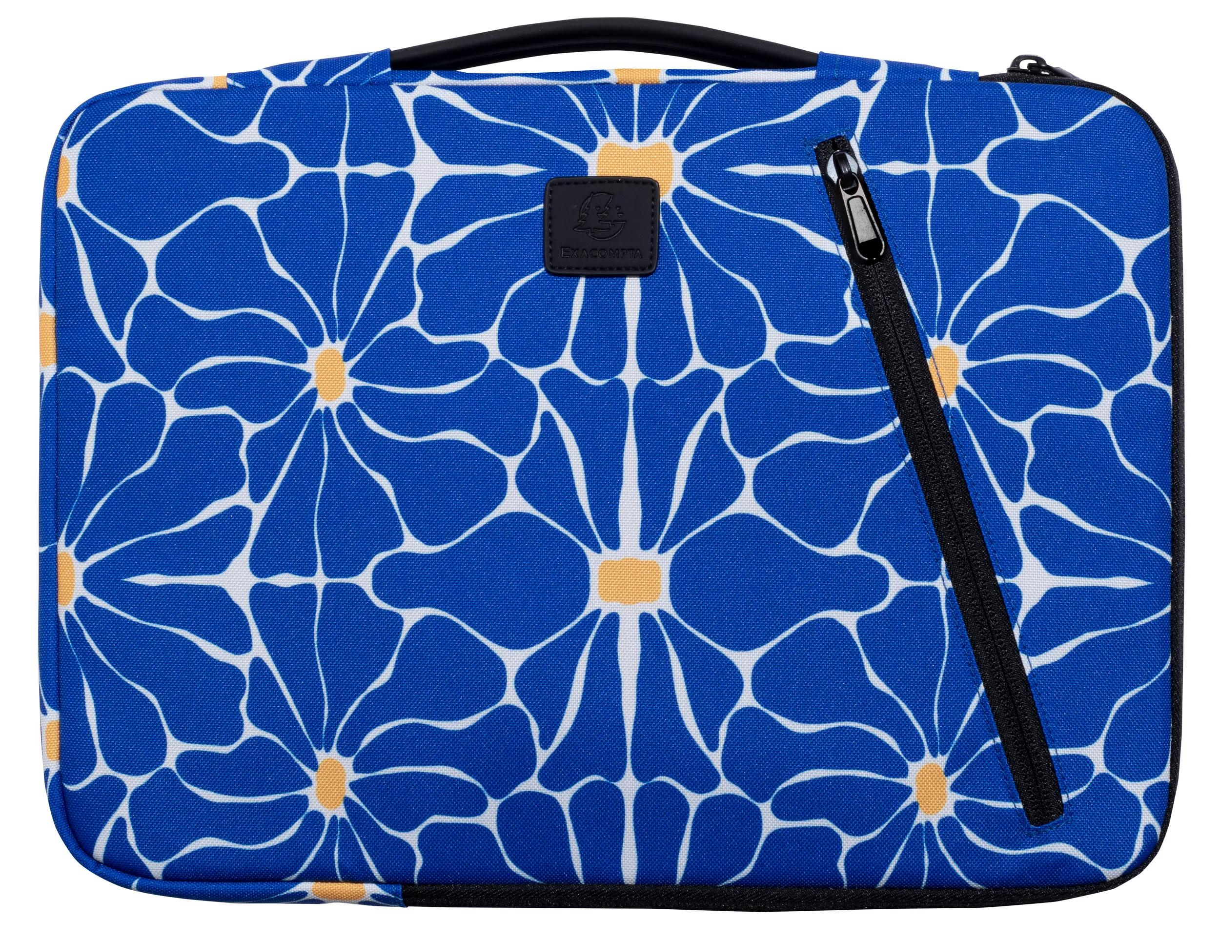 Una custodia blu per laptop con motivo floreale bianco e cerniera nera.