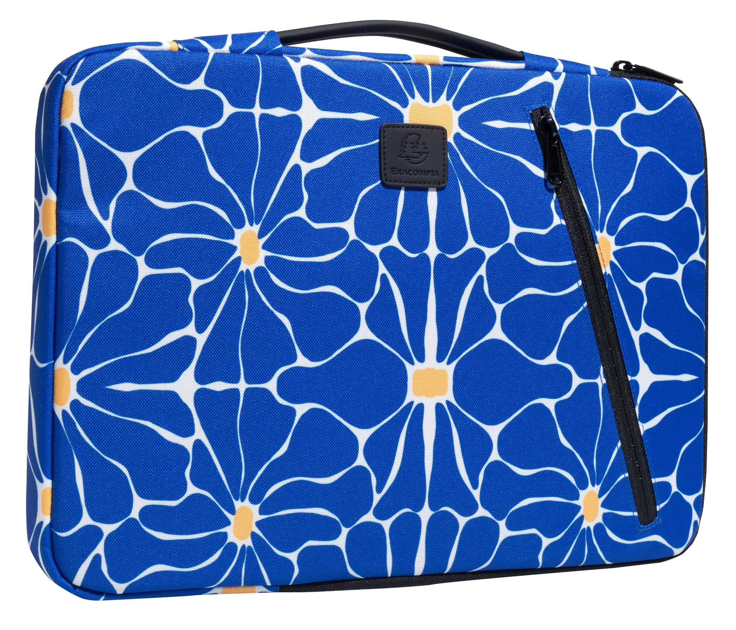 Una borsa blu per laptop con un motivo floreale bianco e giallo. Ha una cerniera e un manico neri.