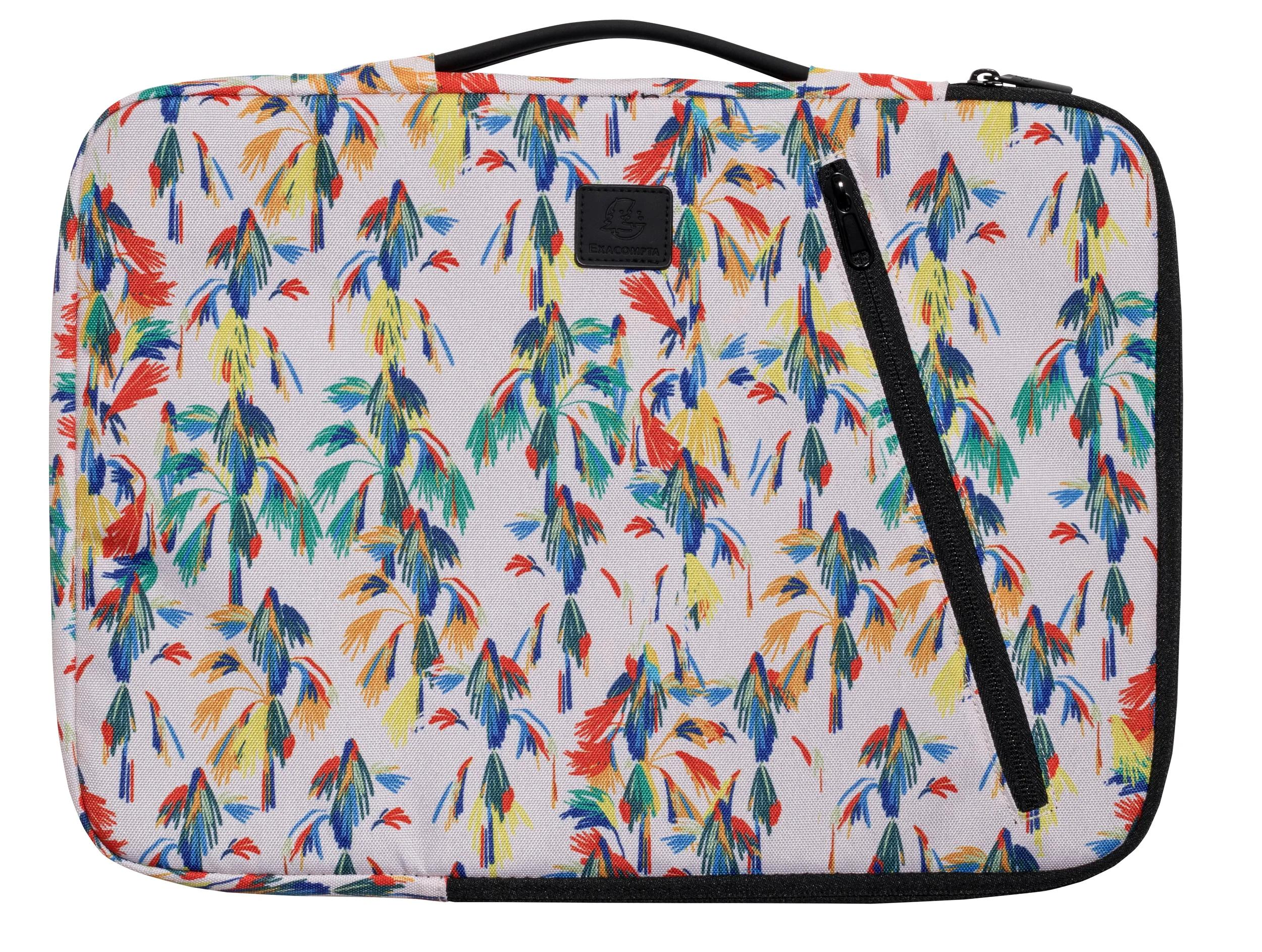 Custodia per laptop fantasia con palme colorate e cerniera nera.