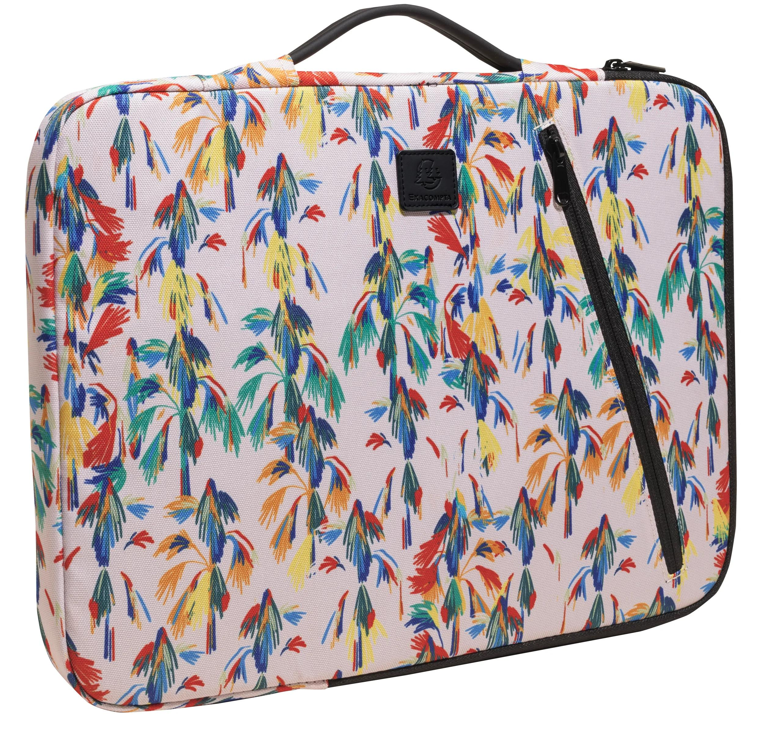 Una borsa rettangolare con un motivo colorato di foglie e fiori. Ha manico e cerniera neri.