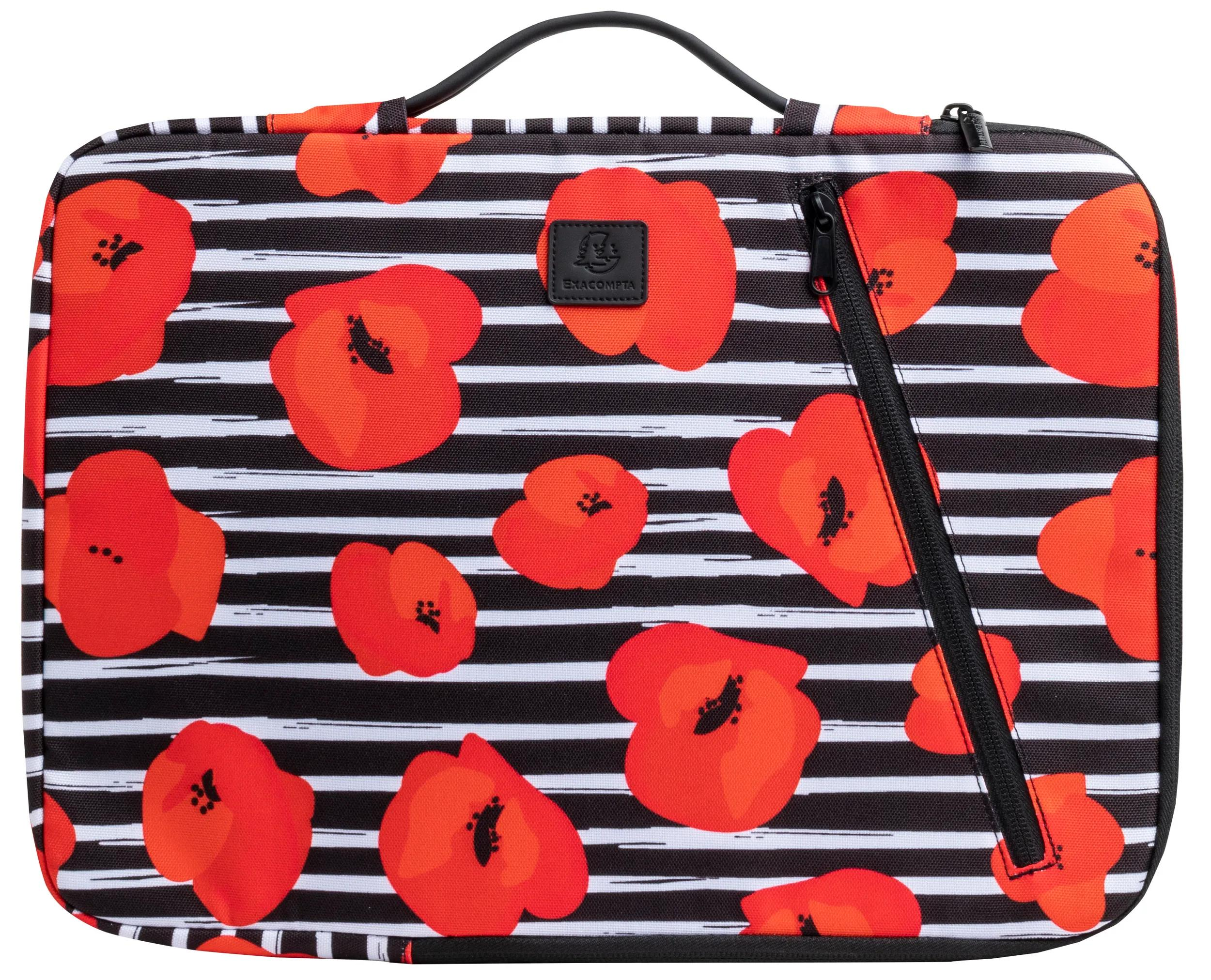Borsa a righe bianche e nere con fiori di papavero rossi. Ha una maniglia e una cerniera nere. Un logo è visibile.