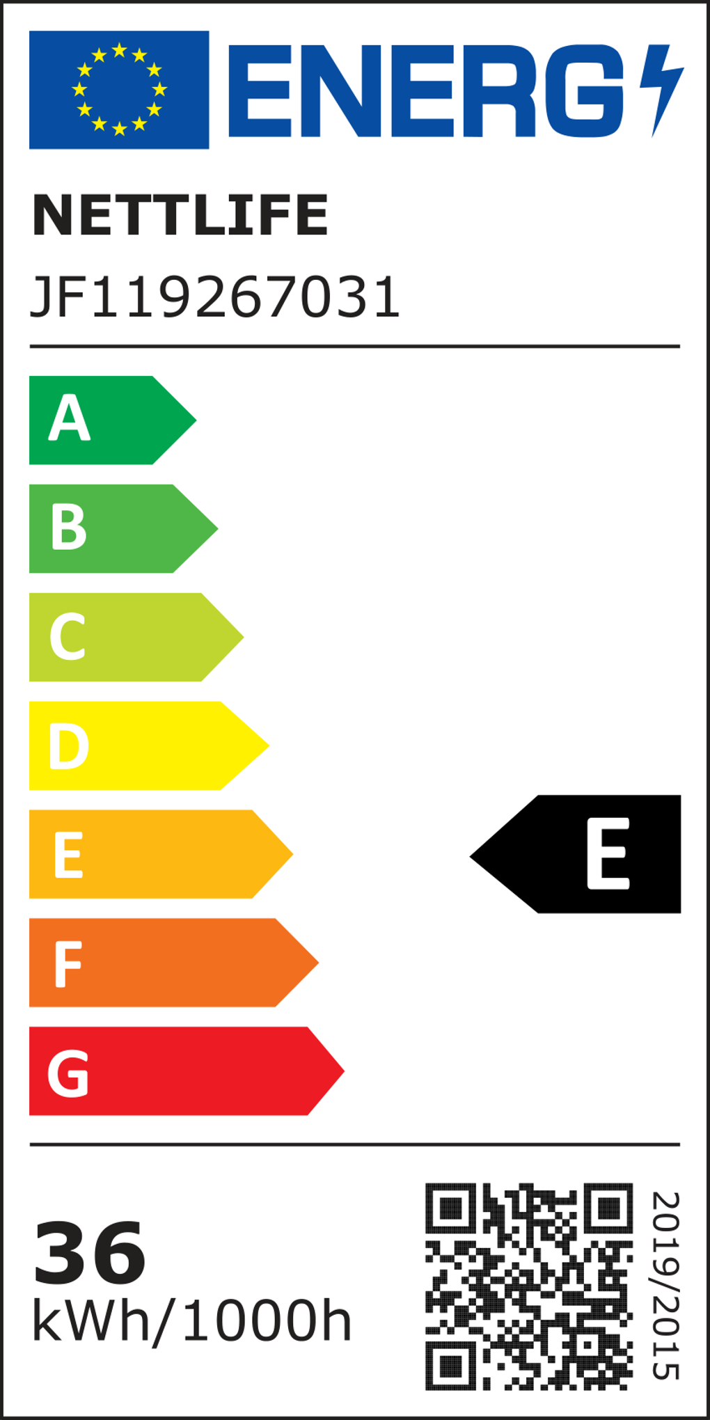 Energielabel mit EU-Logo, ENERG-Schriftzug, NETTLIFE, Energieklasse E und QR-Code.
