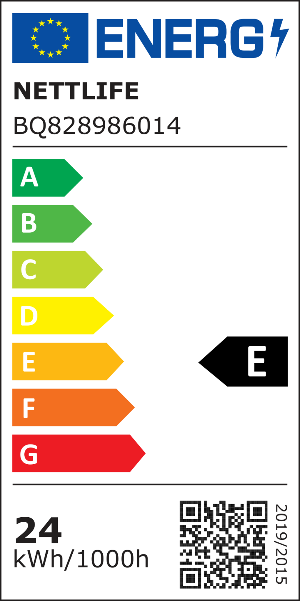 Etichetta energetica con logo UE. Mostra le classi di efficienza energetica da A a G. Mostra la classificazione 'E'. Contiene codice QR e '24 kWh/1000h'.