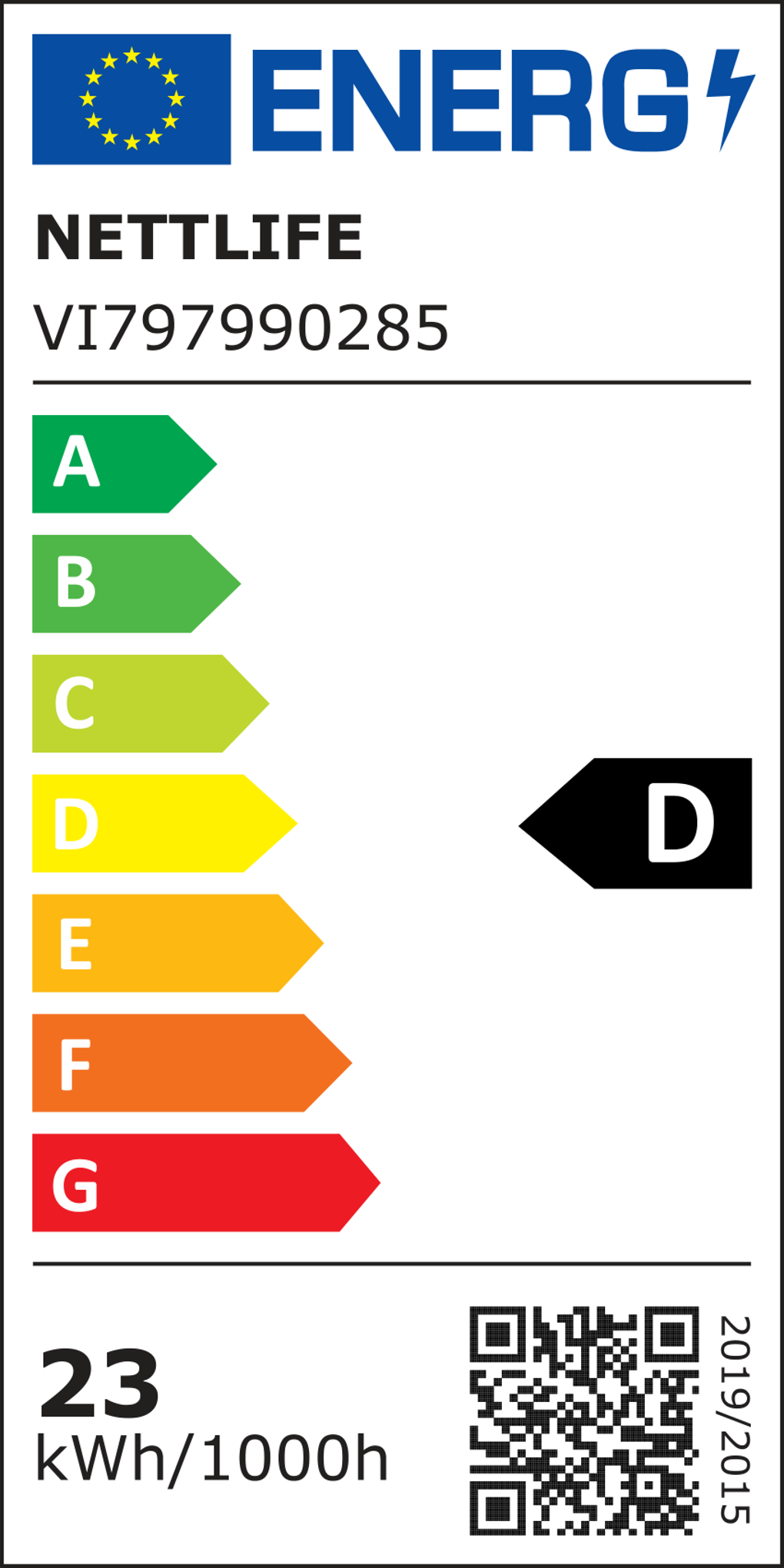 Etichetta energetica di un prodotto. Mostra le classi di efficienza energetica da A a G, con la D evidenziata. Contiene informazioni sul prodotto e un codice QR.