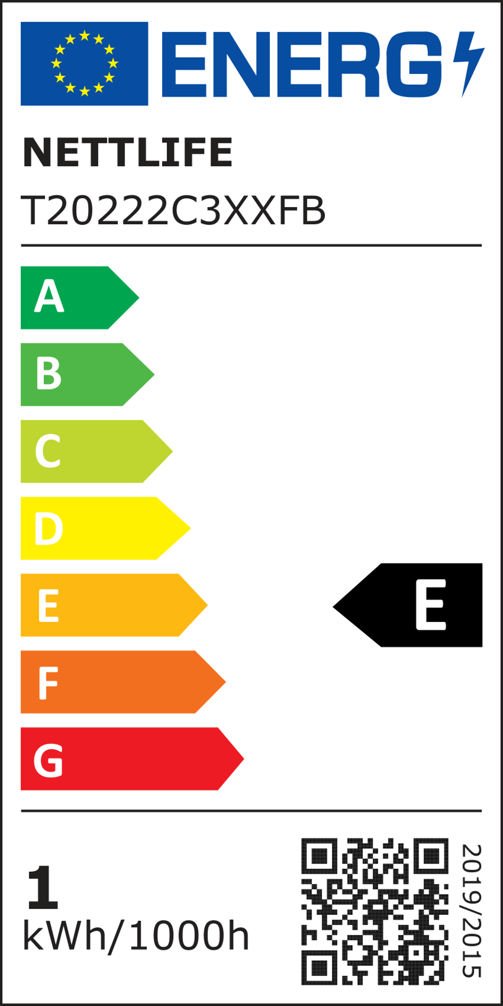Etykieta energetyczna z nazwą NETTLIFE. Posiada skalę efektywności energetycznej od A do G, z wyróżnioną literą E. Obecny jest kod QR.