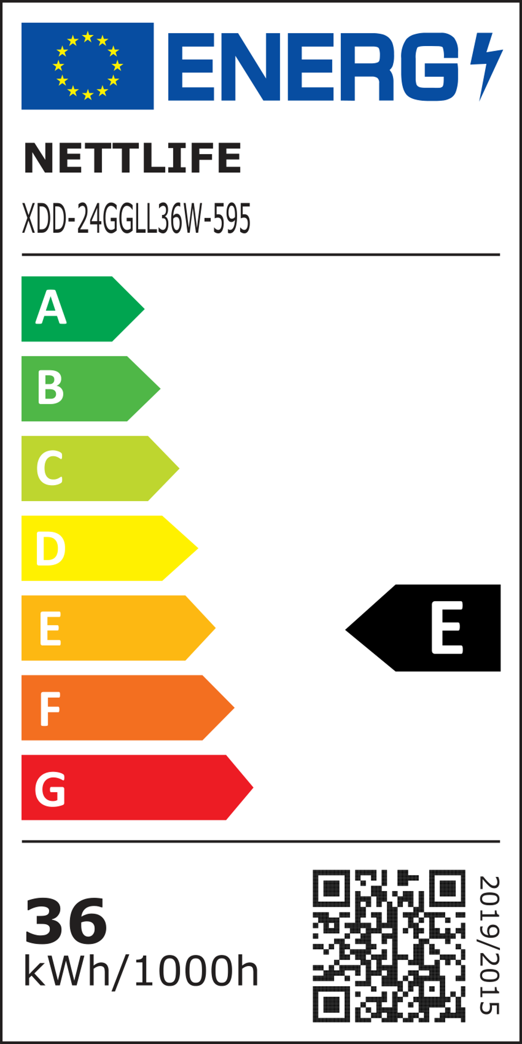 Etichetta energetica per un prodotto NETTLIFE, che mostra la classe di efficienza energetica 'E', con scala da A a G. Include codice QR e altri dati.