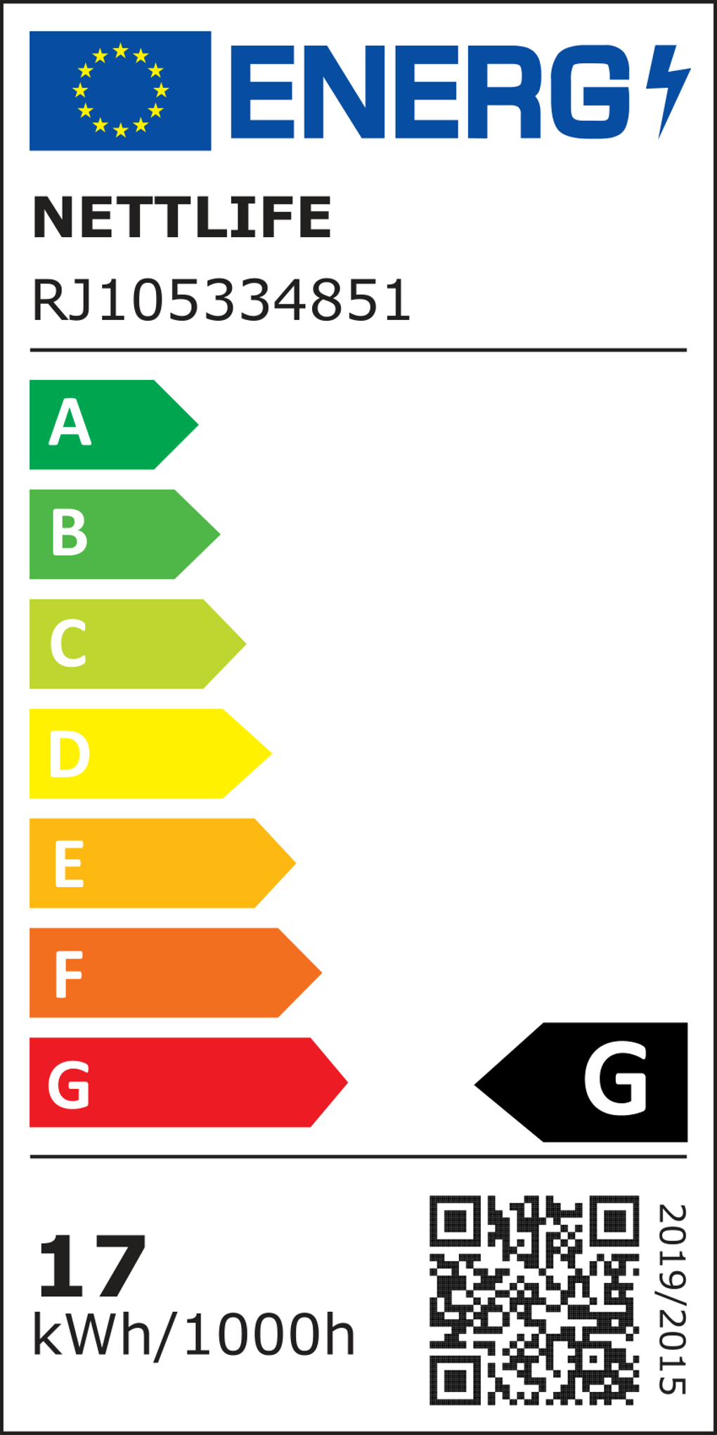 Etykieta energetyczna dla żarówki. Wyświetla klasy efektywności energetycznej A-G, markę Nettlelife, RJ105334851 i zużycie.