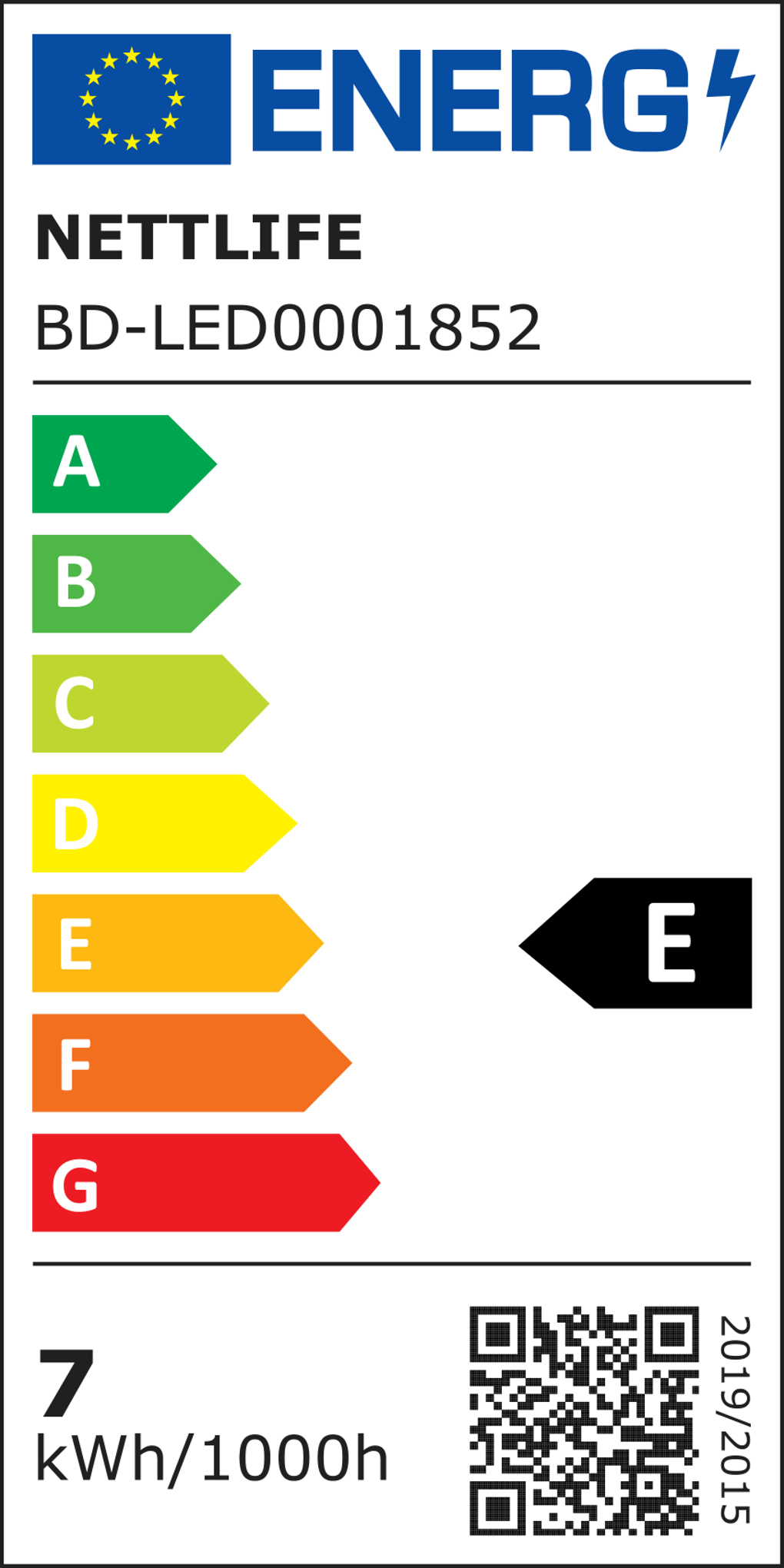 Etichetta energetica per una luce. Ha una scala A-G, che mostra una valutazione E. Mostra le informazioni sul prodotto, un codice QR e il consumo.