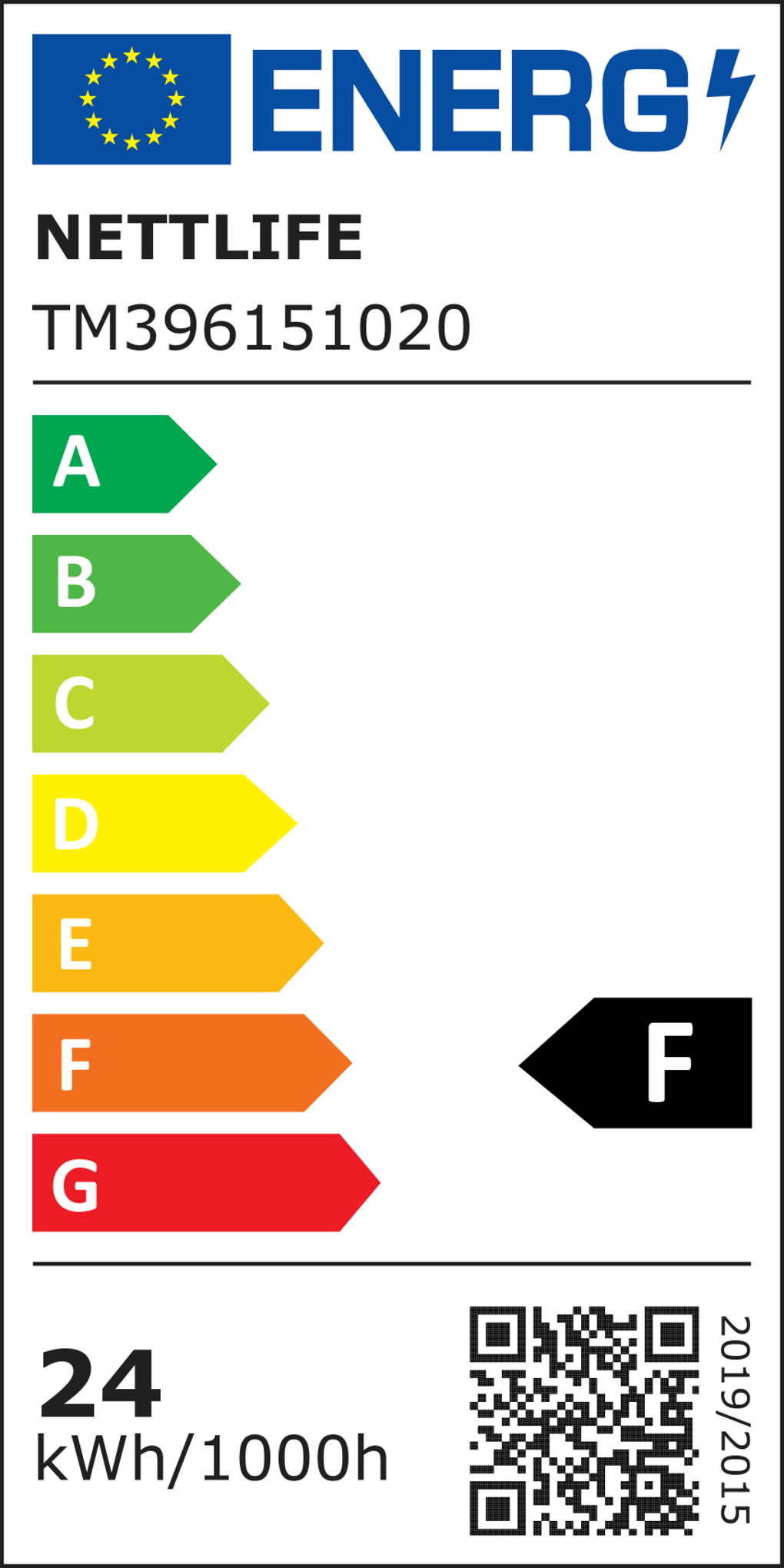 Etichetta energetica. Mostra le valutazioni A-G, il marchio 'NETTLIFE', il consumo '24 kWh/1000h' e un codice QR.