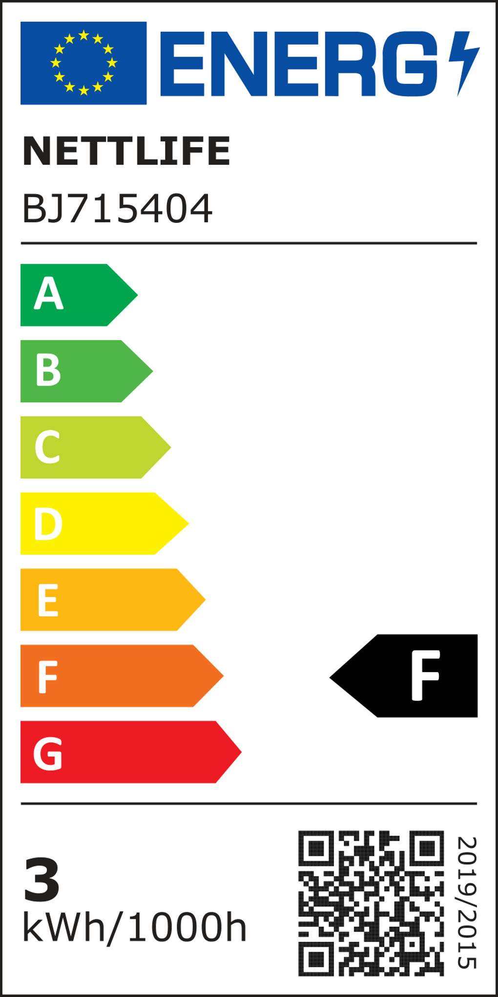 Etykieta energetyczna z logo UE, 'ENER' i 'NETTLIFE', z klasami efektywności energetycznej A-G. Produkt ma klasę F.