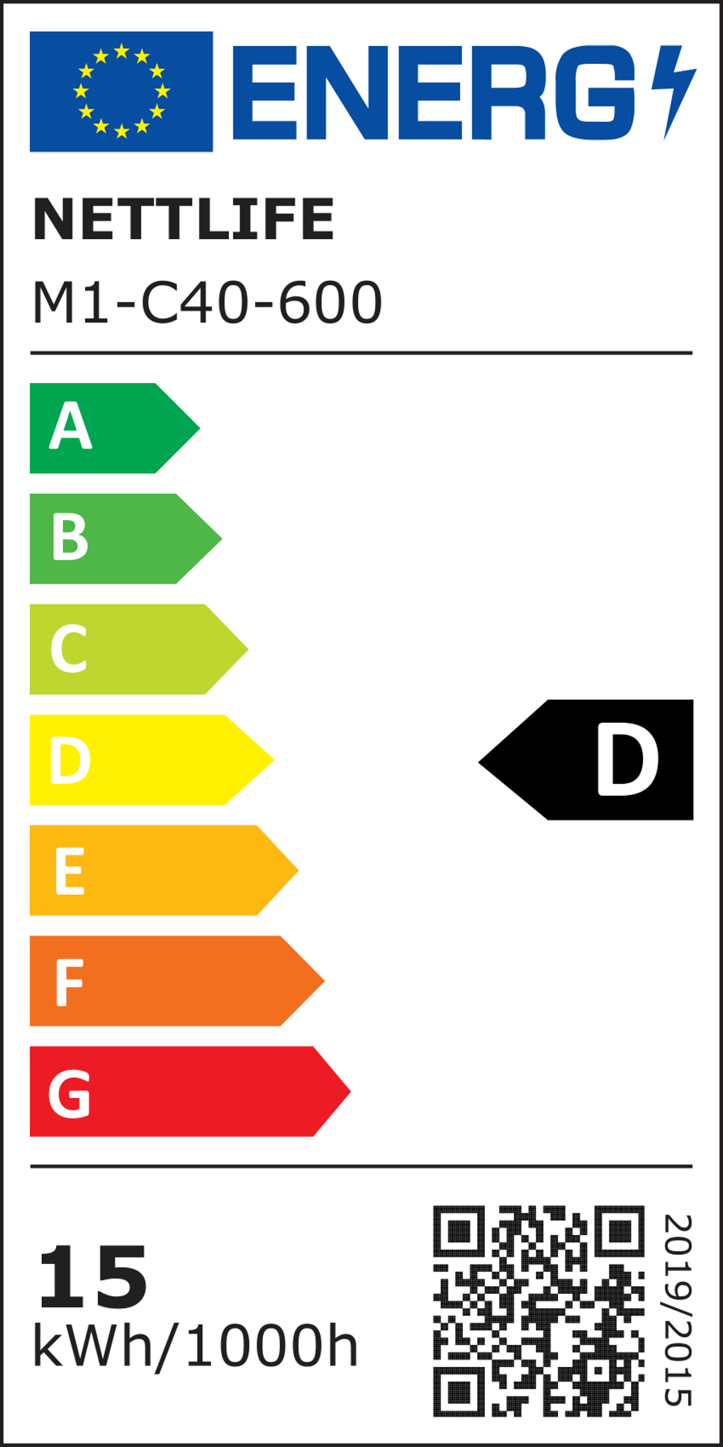 Etichetta energetica con il nome NETTLIFE. Mostra una classe di efficienza energetica D. Contiene un codice QR e il consumo energetico.