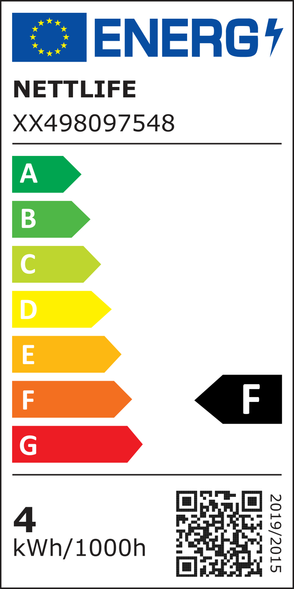 Etichetta energetica con logo UE, testo NETTLIFE, scale A-G e un codice QR.