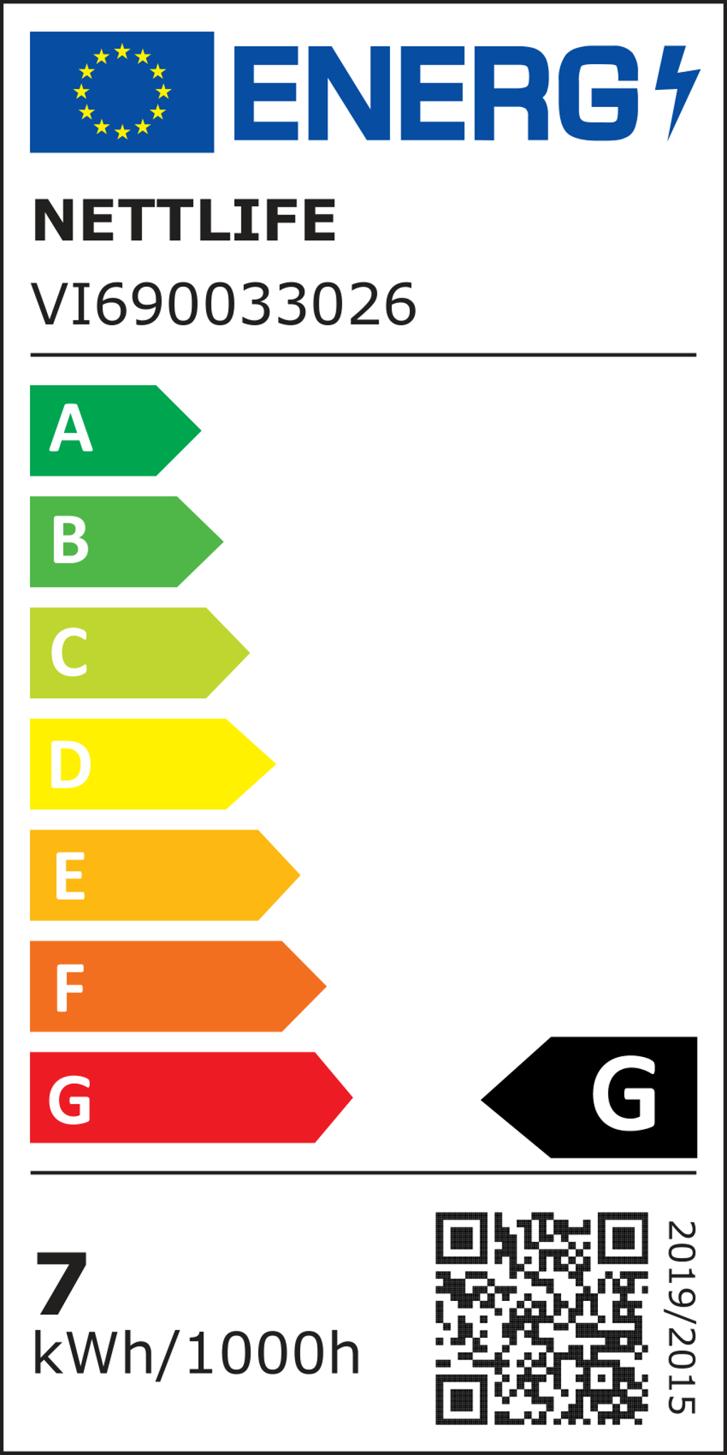 Etichetta energetica per una lampadina. Mostra le classi di efficienza energetica da A a G, con G evidenziata. Contiene codice QR e dettagli.