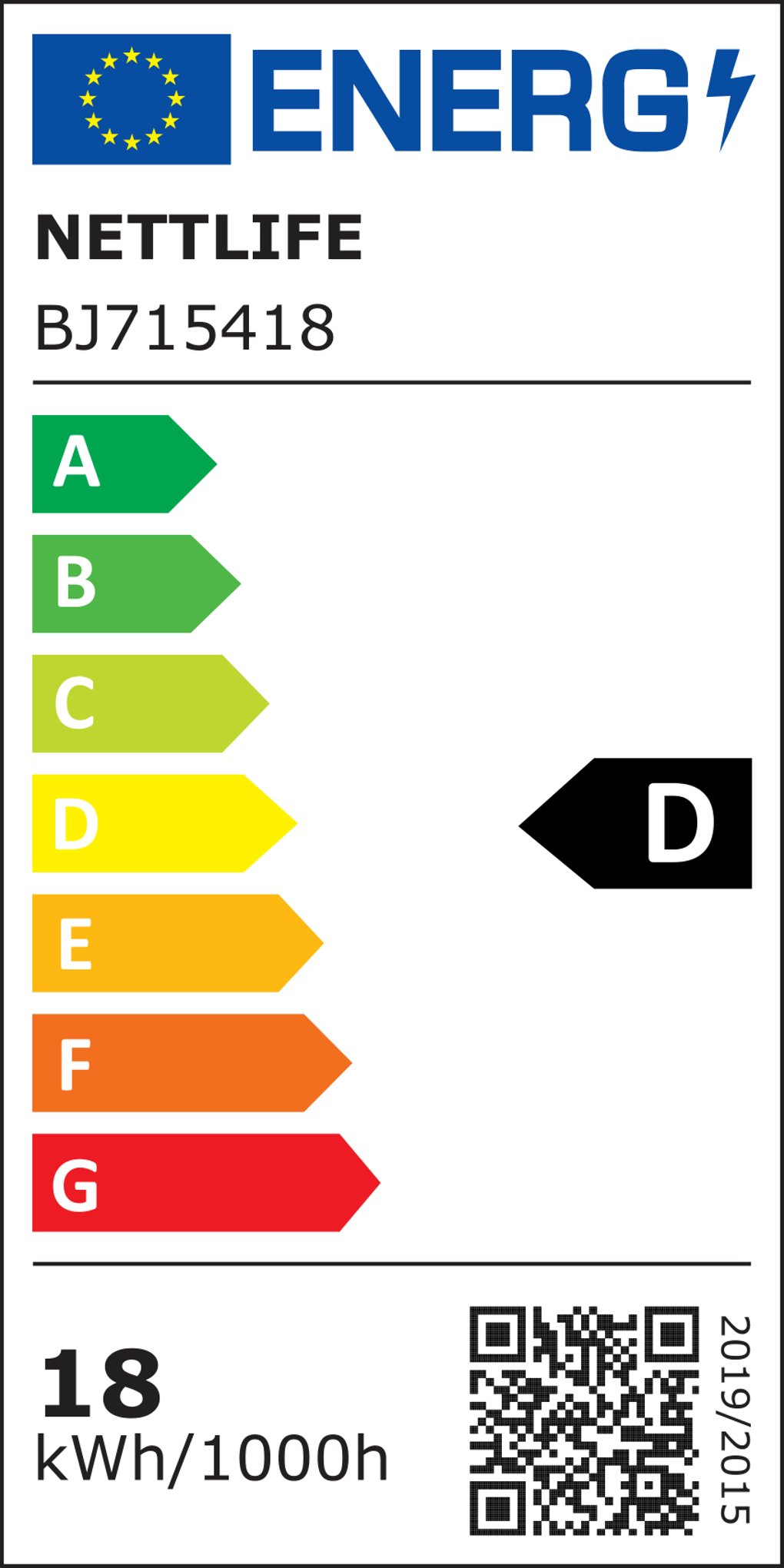 Etichetta energetica con logo UE, testo 'ENERGI', marchio 'NETTLIFE' e classi di efficienza energetica da A a G, con 'D' evidenziato.