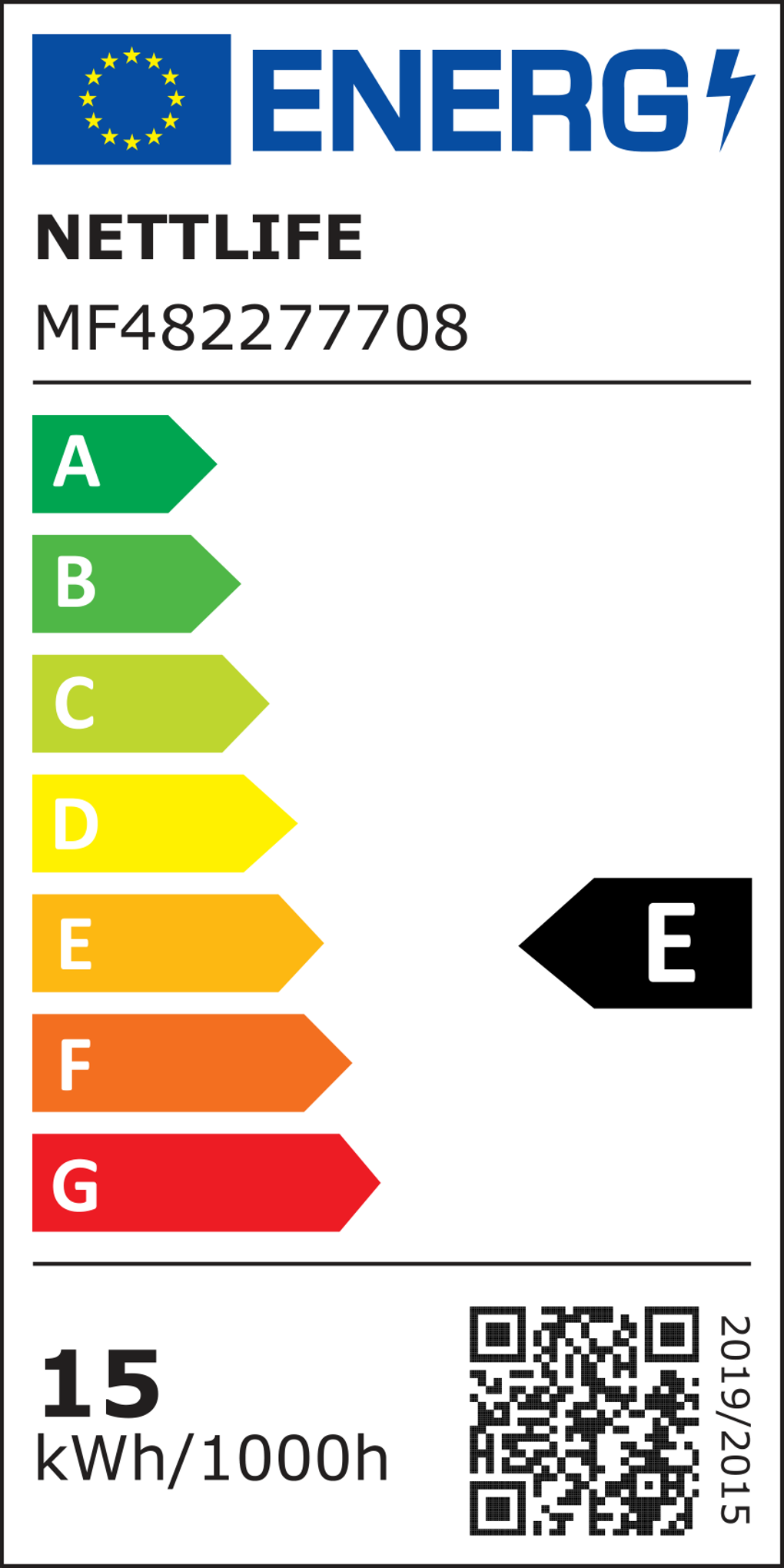 Etichetta energetica per NETTLIFE, mostra le classificazioni A-G, classe E. Include consumo kWh/1000h e codice QR.
