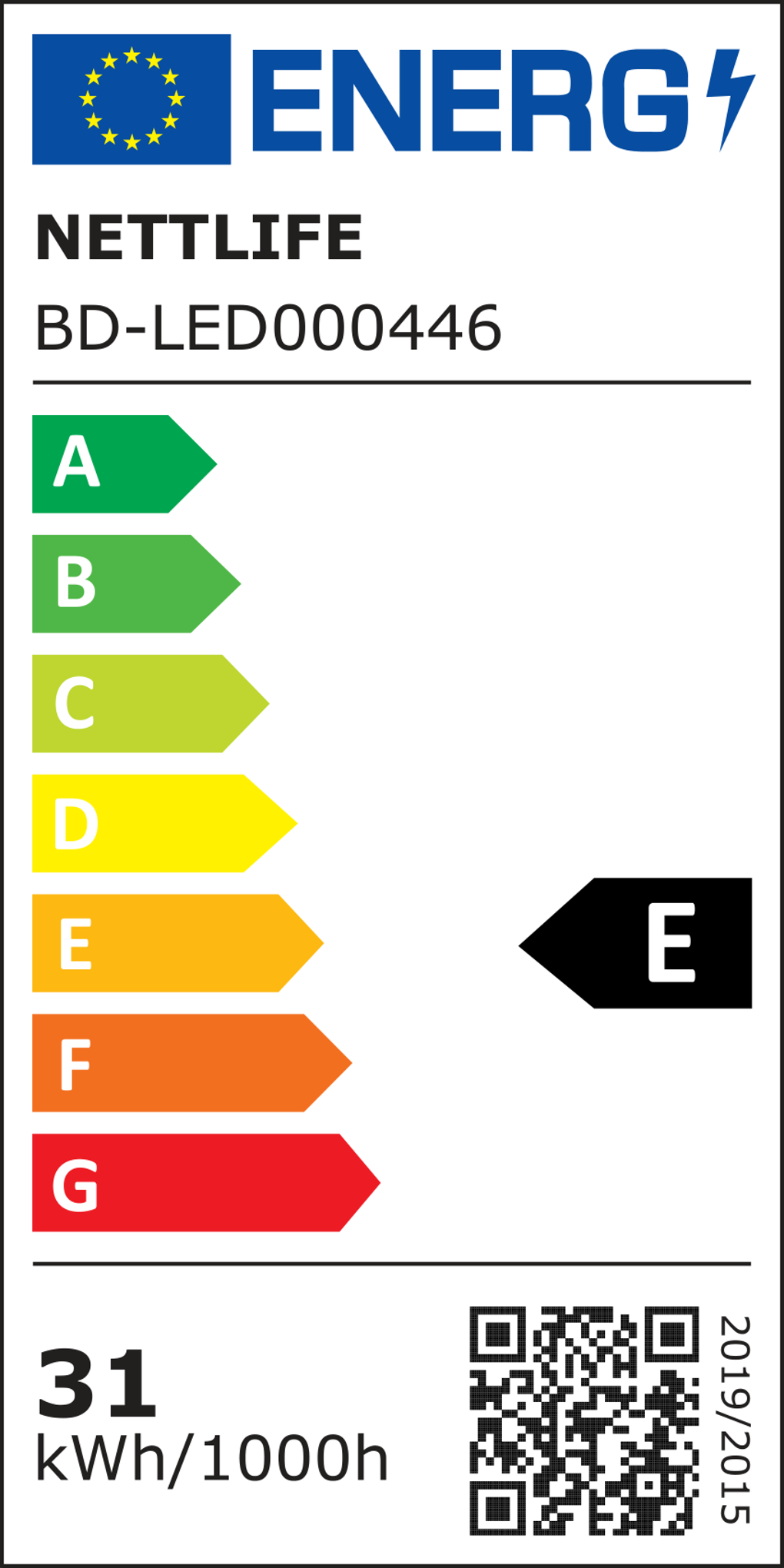 Etichetta energetica con il nome NETTLIFE. La classe energetica è E. Mostra informazioni sull'efficienza energetica, incluso un codice QR e kWh.