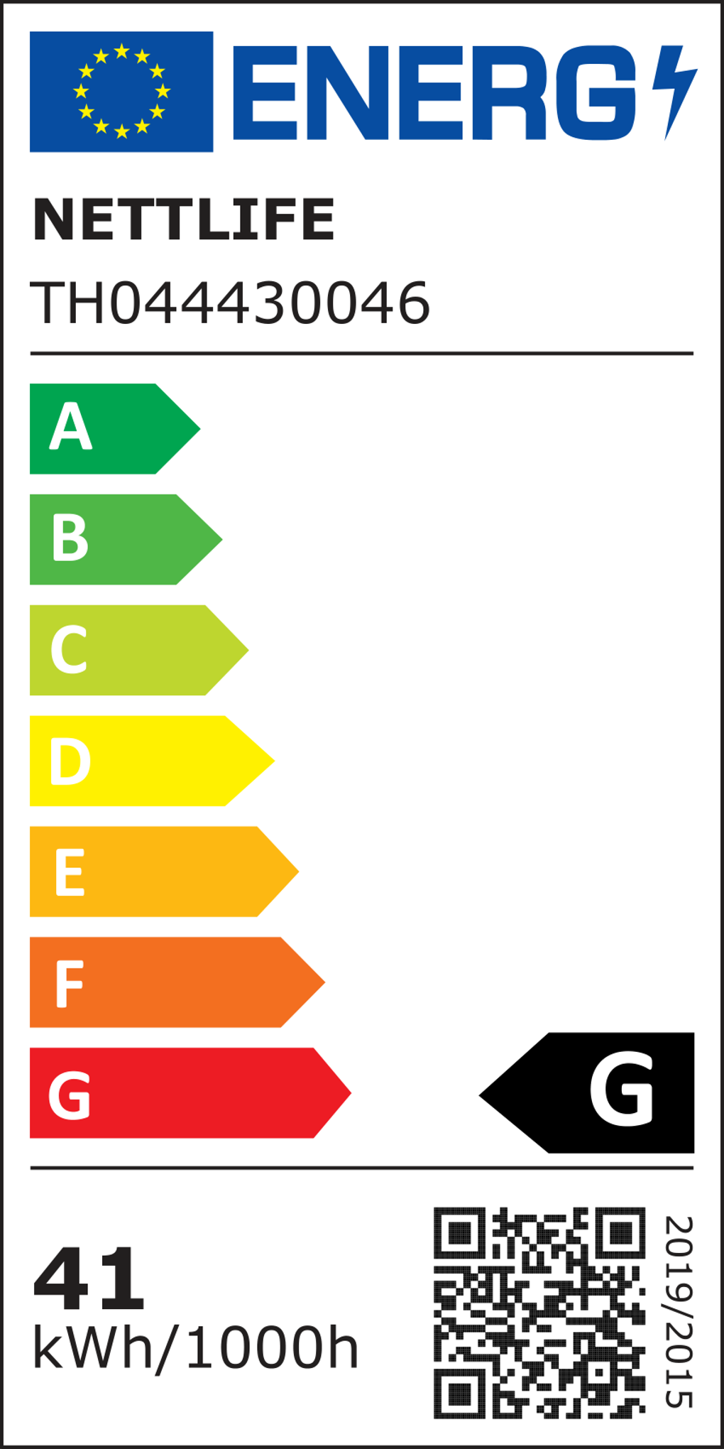 Etichetta energetica con logo UE, testo 'ENERG', 'NETTLIFE', 'TH044430046', classi energetiche A-G e codice QR.