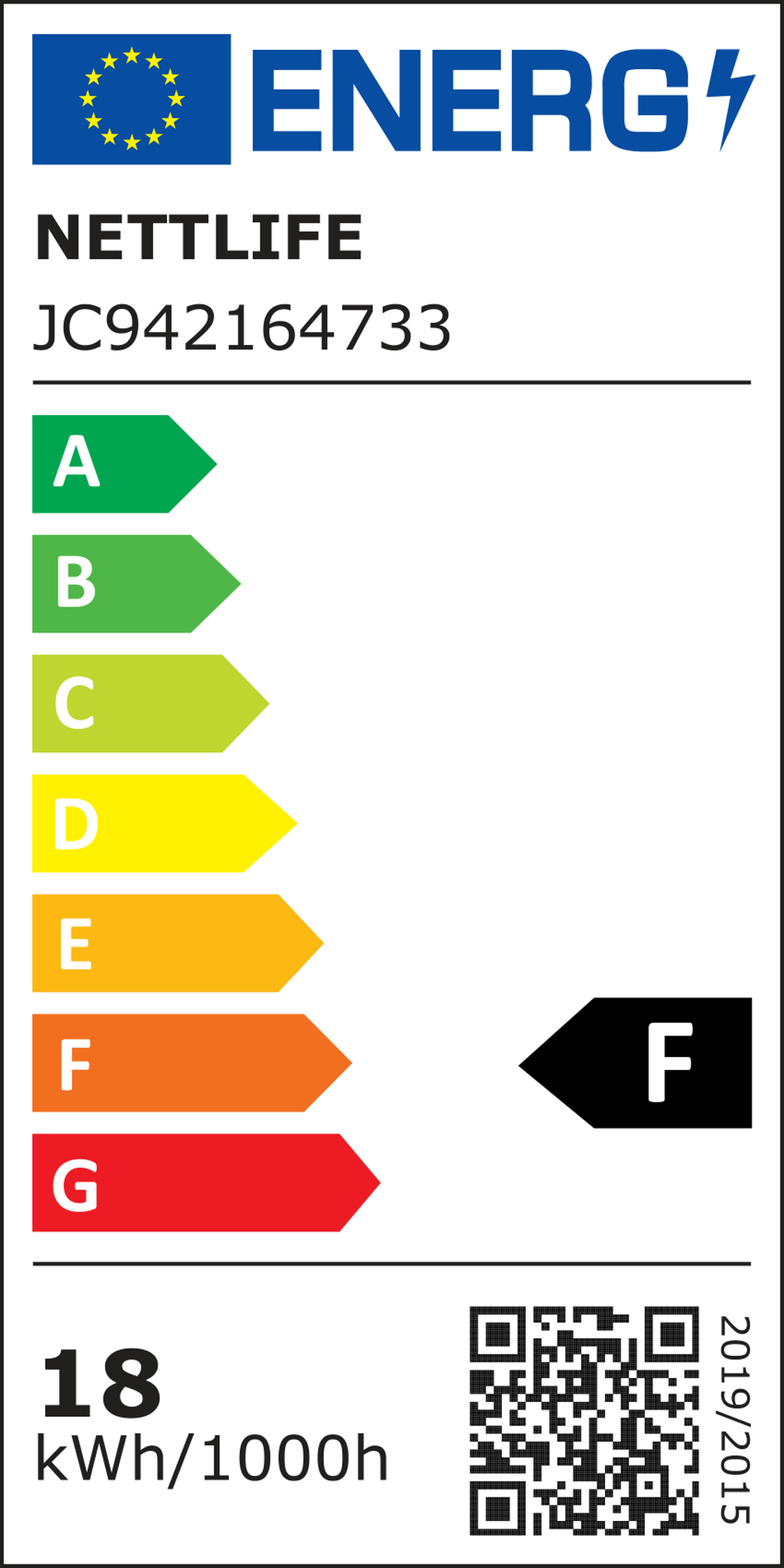 Etykieta energetyczna z logo UE. Pokazuje klasy efektywności energetycznej od A do G, z wyróżnioną klasą F. Pokazuje 18 kWh/1000h.
