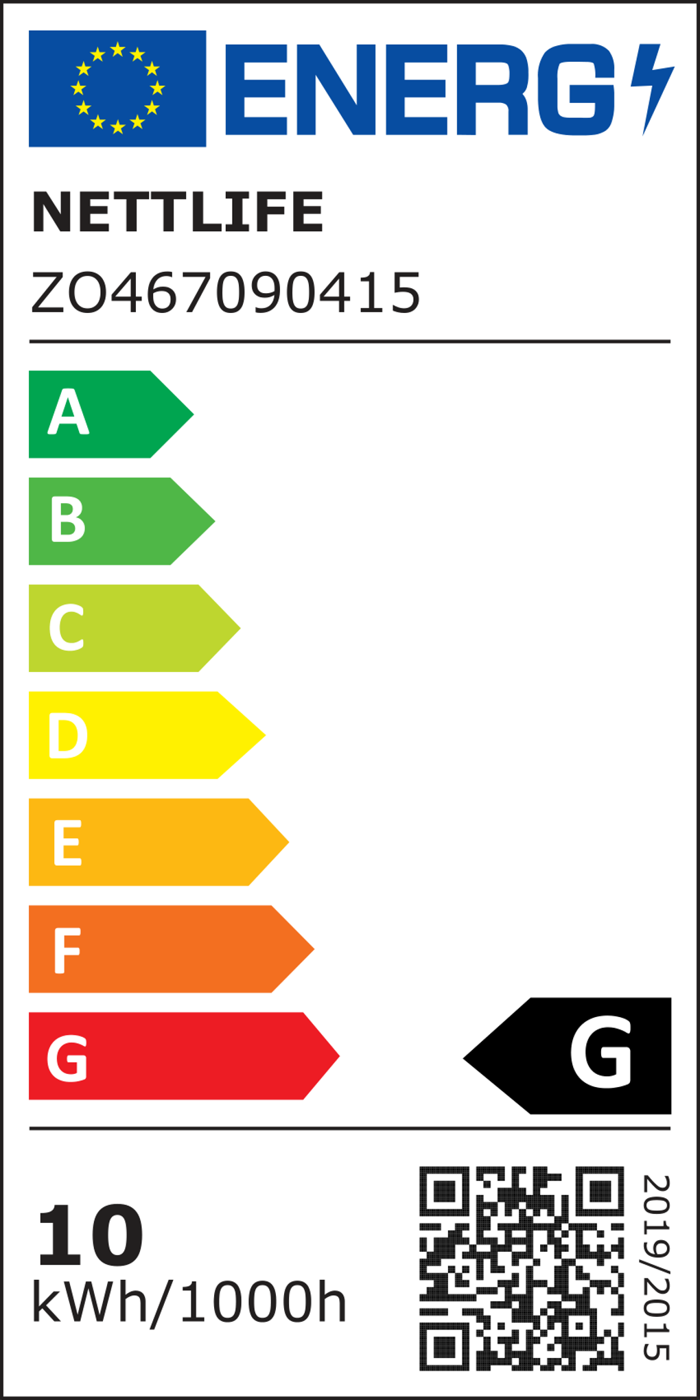 Etichetta energetica per un prodotto Nettlelife. Mostra le classi di efficienza energetica da A a G, con una classificazione G. L'etichetta mostra 10 kWh/1000h.