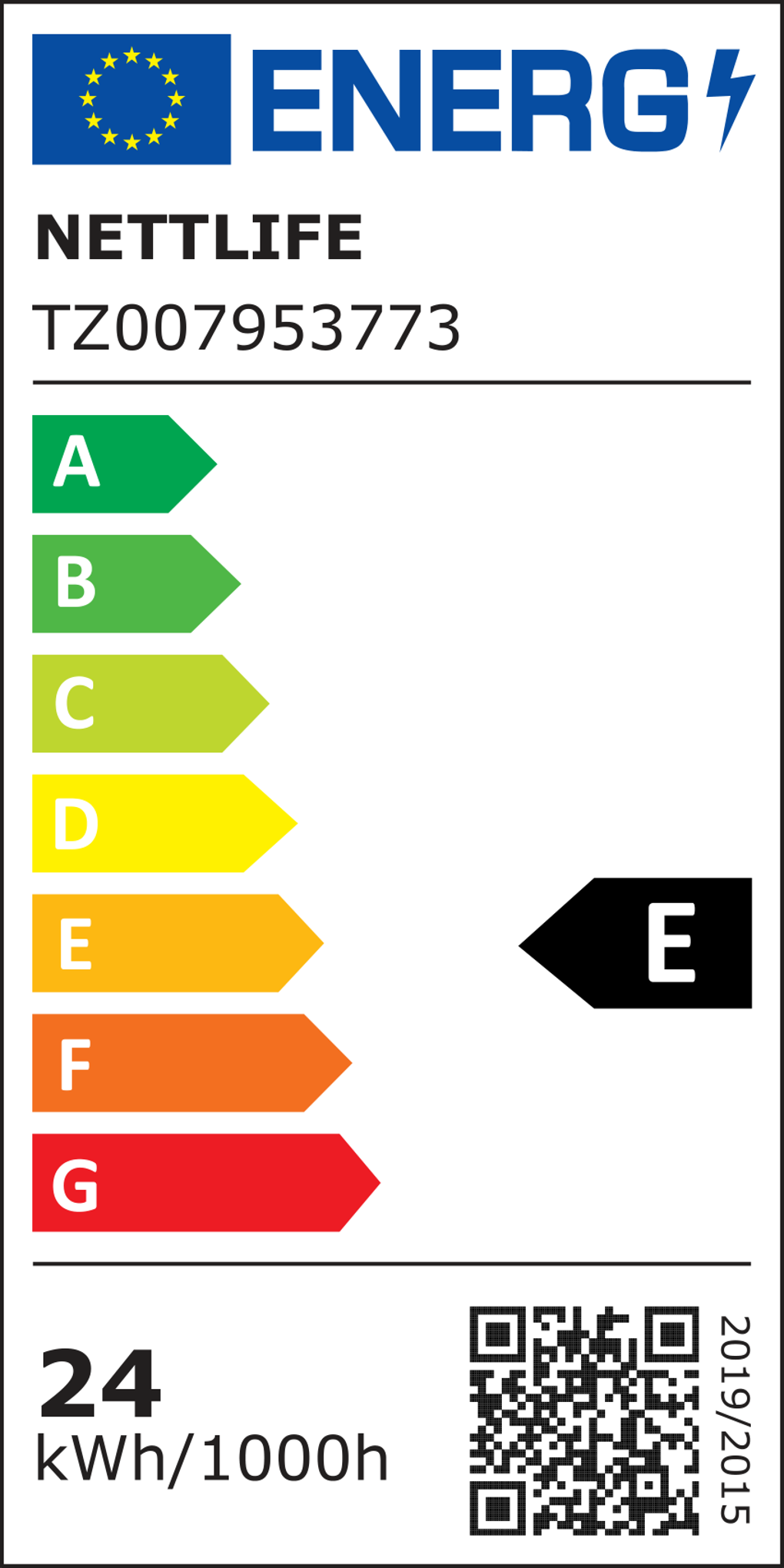 Etichetta energetica con logo UE e 'ENERG', 'NETTLIFE', classe 'E'. Mostra informazioni sull'efficienza energetica.