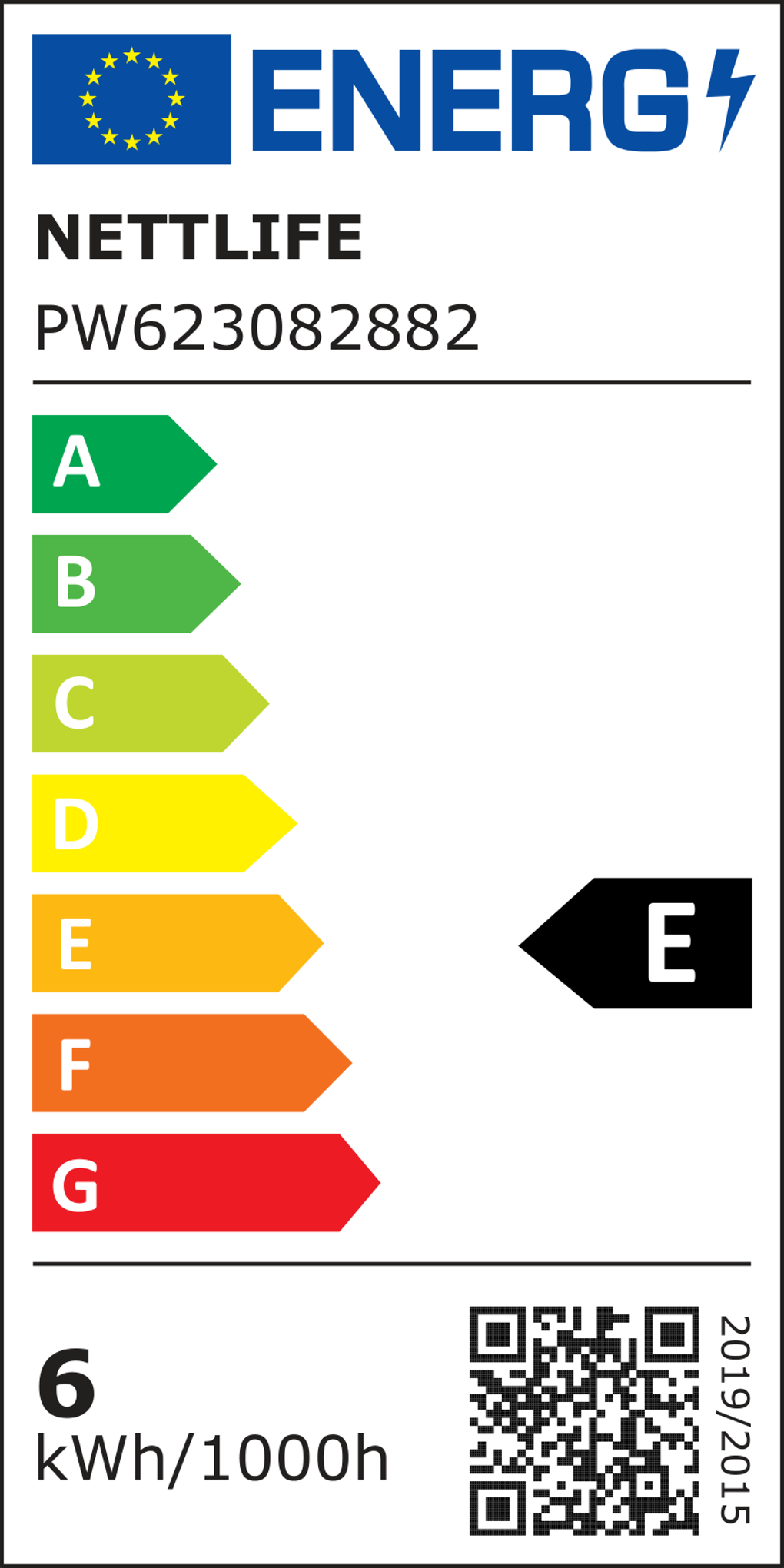 Etichetta energetica con logo UE, testo 'ENERGI', marchio 'NETTLIFE' e classi di efficienza energetica da A a G. 'E' evidenziato.
