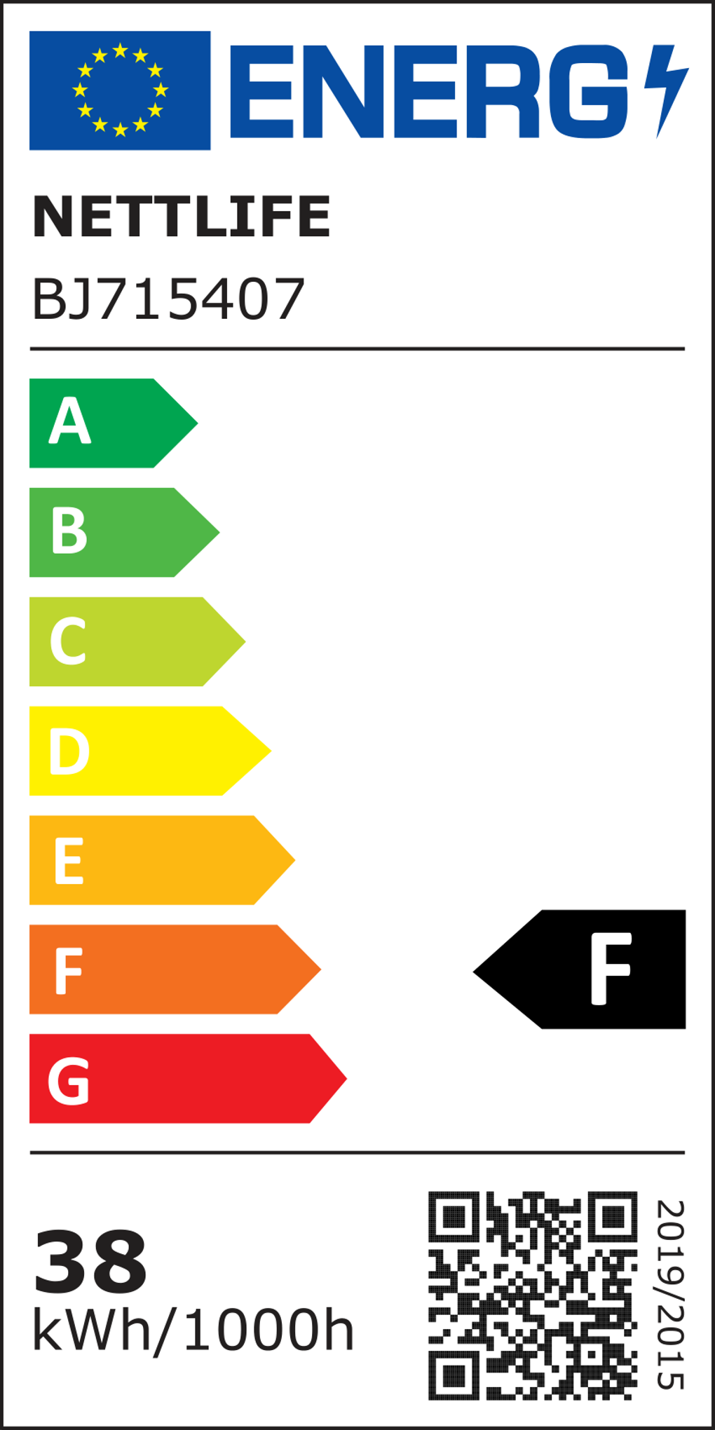 Etykieta energetyczna z nazwą NETTLIFE, model BJ715407. Pokazuje klasy efektywności energetycznej od A do G i 38 kWh/1000h. Kod QR.