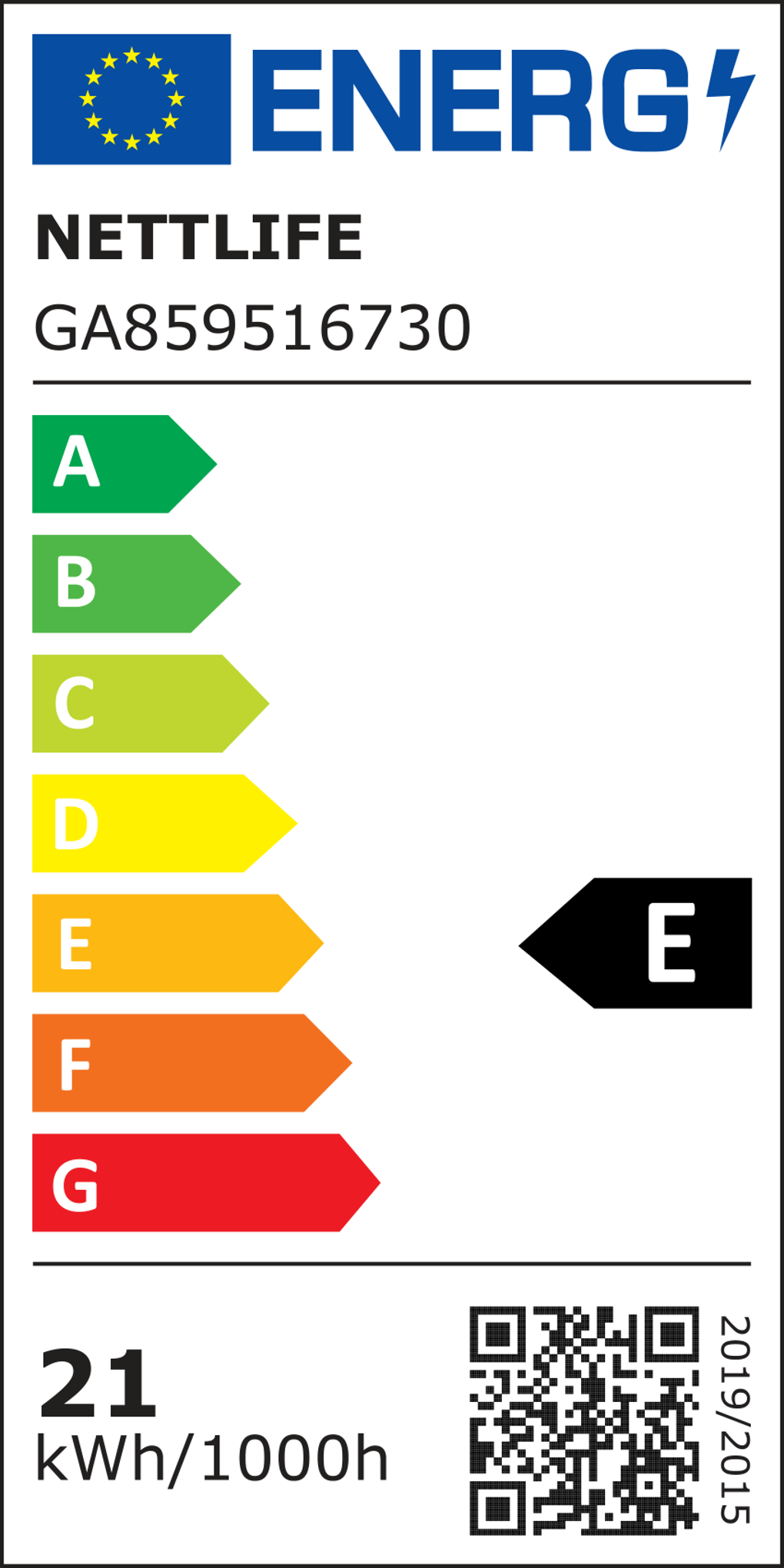 Etichetta energetica. Contiene il testo ENERG, NETTLIFE, GA859516730, scala efficienza energetica da A a G, con E evidenziata e un codice QR.