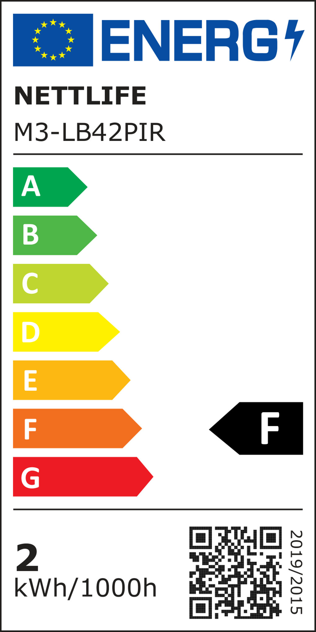 Etykieta energetyczna z logo UE, 'ENERG', 'NETTLIFE', 'M3-LB42PIR', klasami energetycznymi A-G i kodem QR.