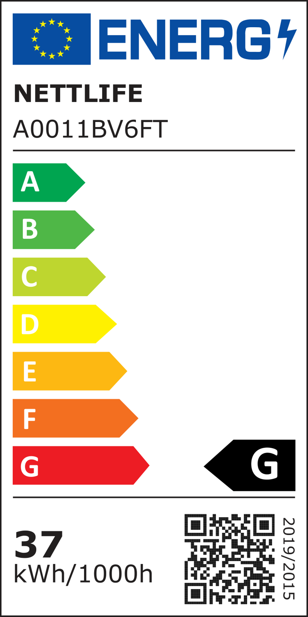 Etichetta energetica che mostra la classificazione dell'efficienza energetica. Ha una scala da A a G, il prodotto è classificato G.