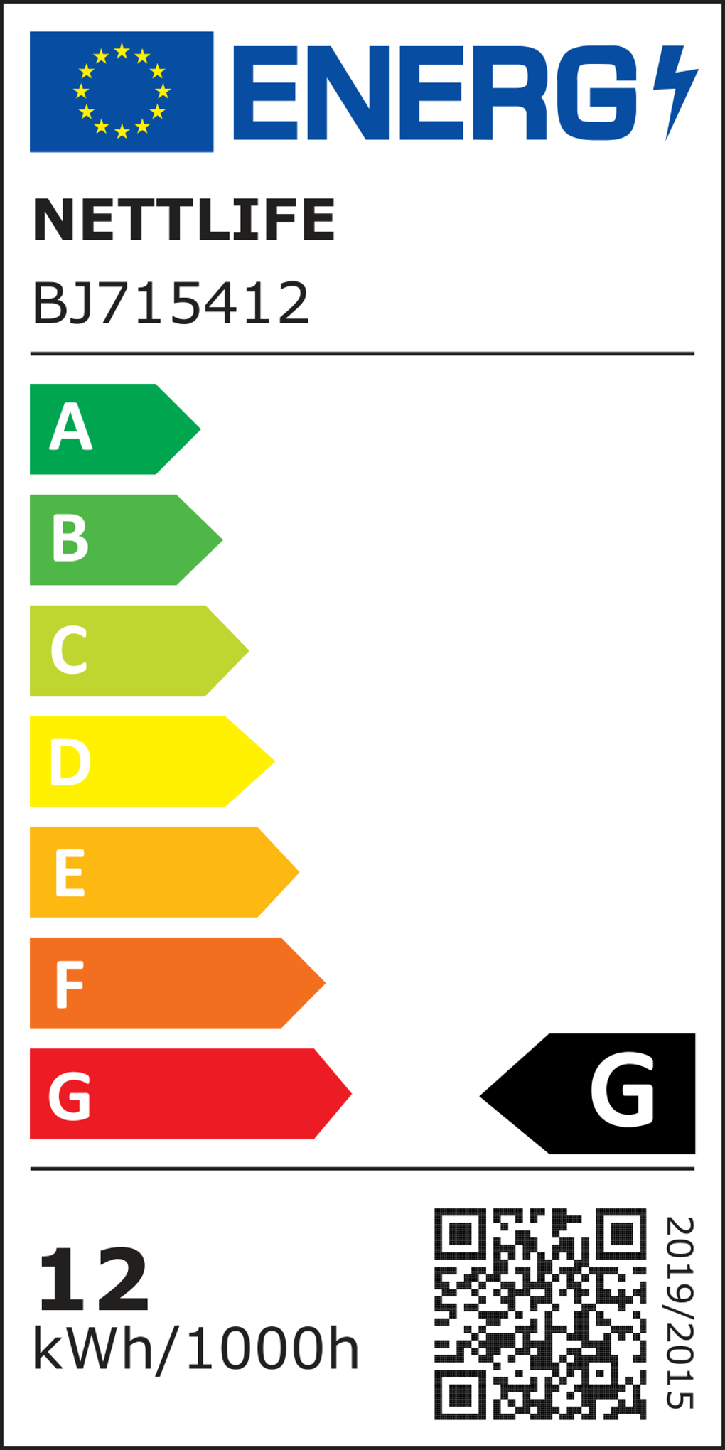 Etichetta energetica che mostra la scala di efficienza energetica, da A a G. L'etichetta presenta un codice QR, il marchio Nettlife e il modello BJ715412.