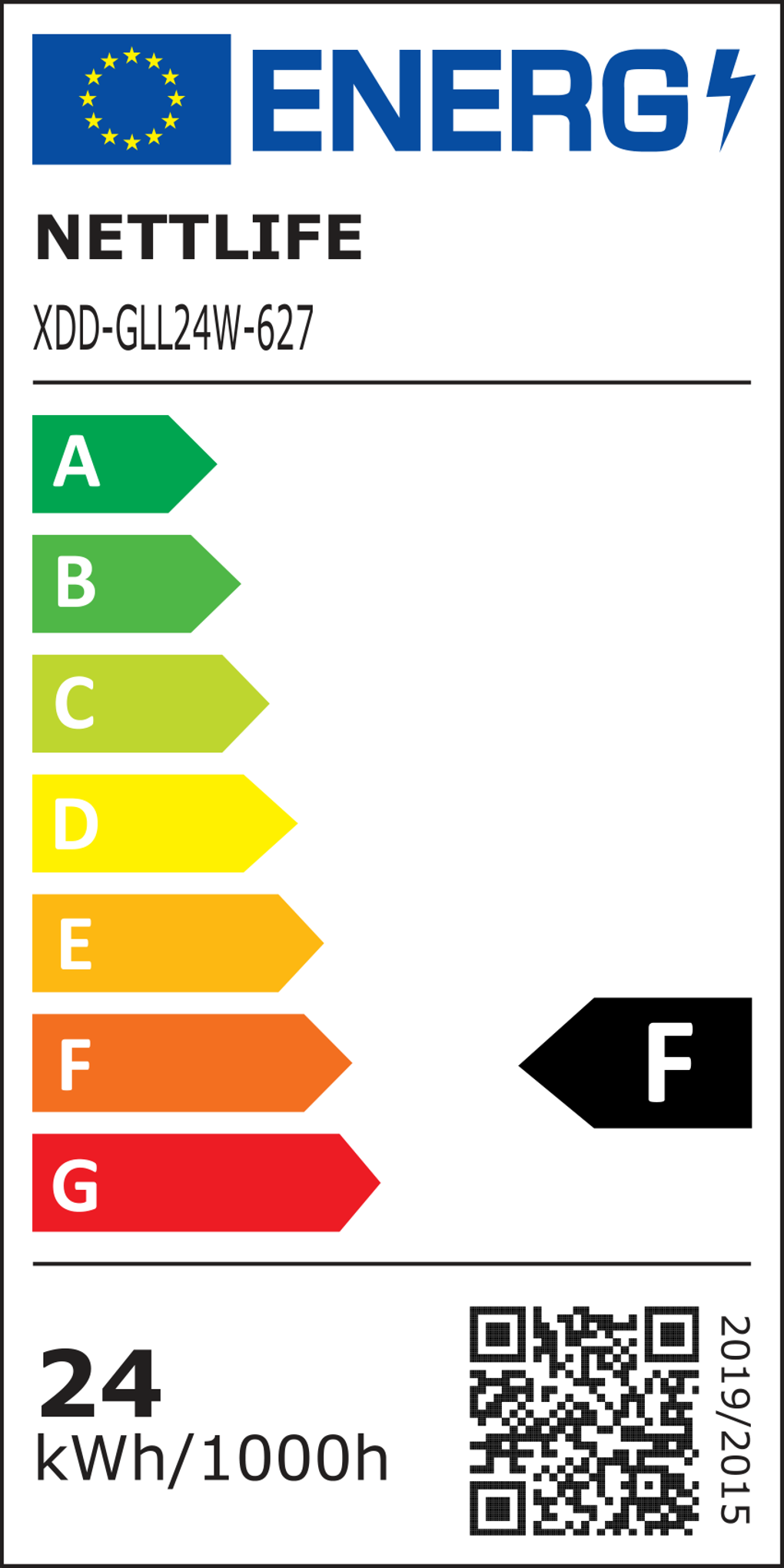Etichetta energetica per una lampadina. Mostra le classi di efficienza da A a G, con una F nera. Include codice QR e consumo energetico.