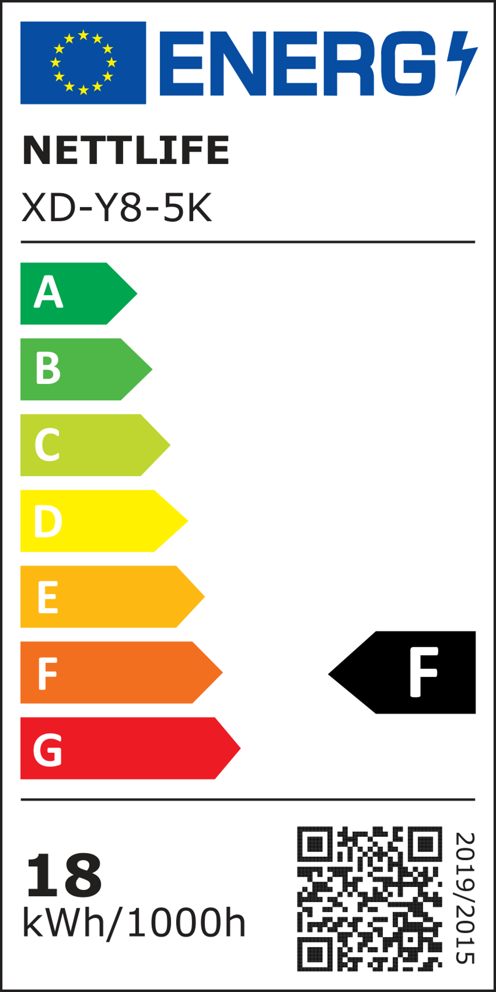 Etykieta energetyczna z logo UE, tekstem NETTLIFE, skalą efektywności energetycznej A-G i kodem QR. Etykieta wskazuje na klasę F.