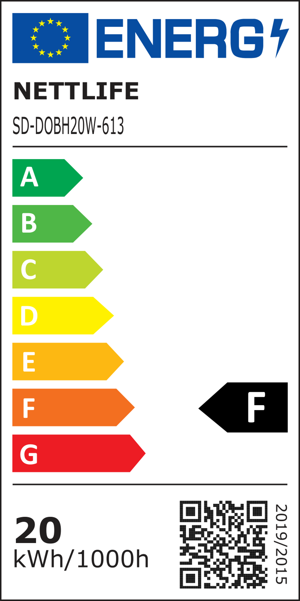 Etichetta energetica per una lampadina. Mostra le classi di efficienza energetica da A a G, con F evidenziata. Include un codice QR e il consumo energetico.